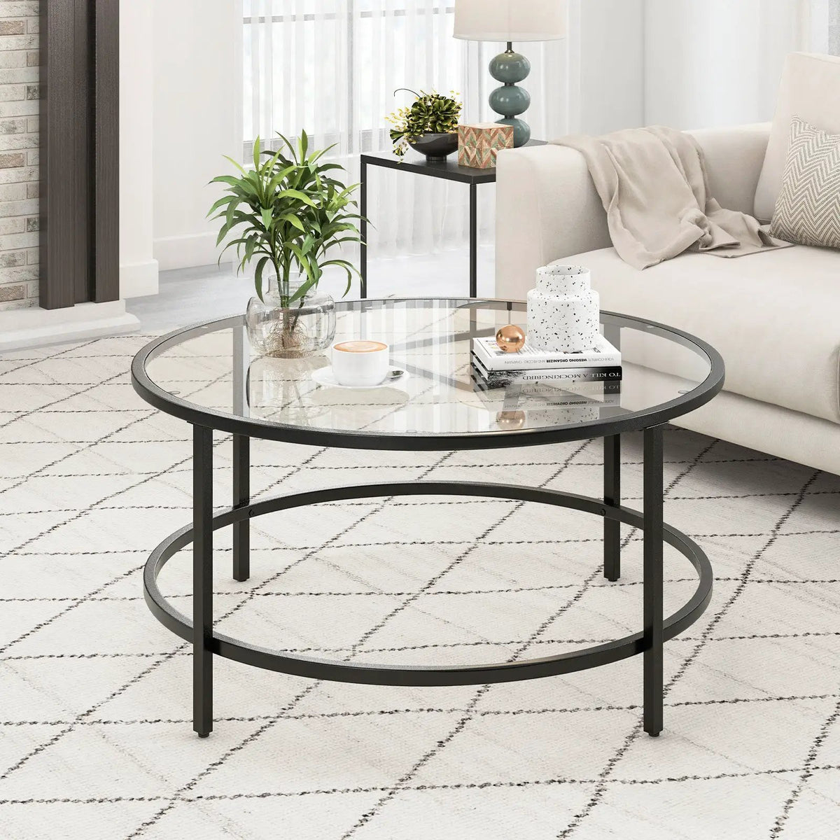36 Inch Round Coffee Table with Tempered Glass Tabletop, photo 4 of 16