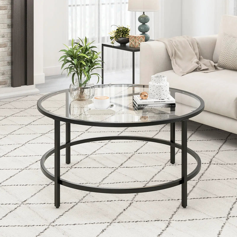 36 Inch Round Coffee Table with Tempered Glass Tabletop by DirectDeals