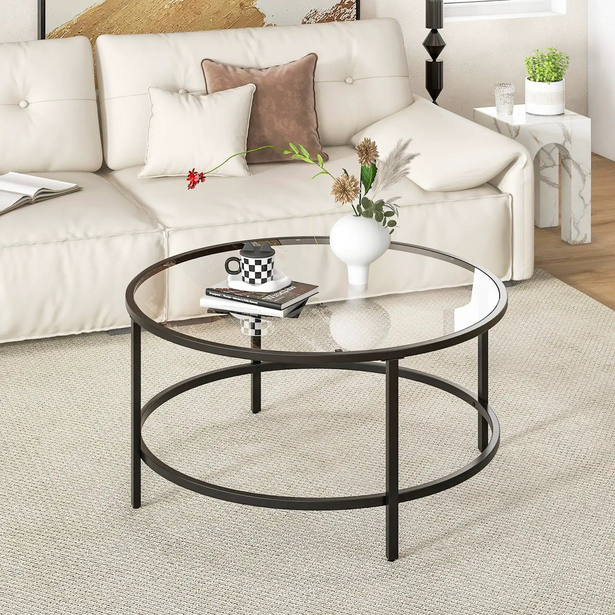 36 Inch Round Coffee Table with Tempered Glass Tabletop, photo 12 of 16