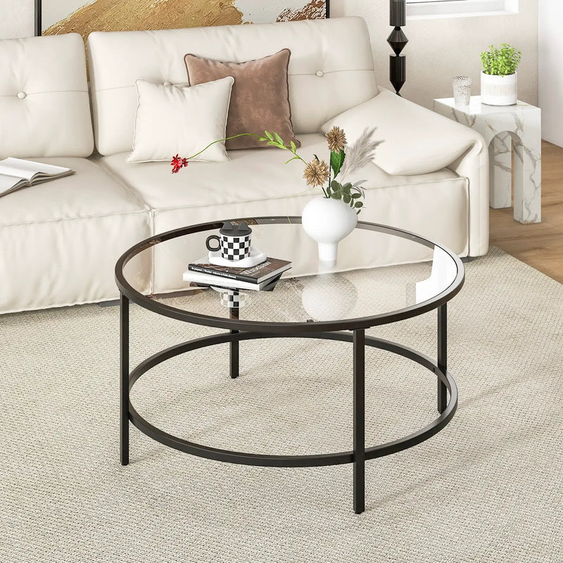 36 Inch Round Coffee Table with Tempered Glass Tabletop by DirectDeals