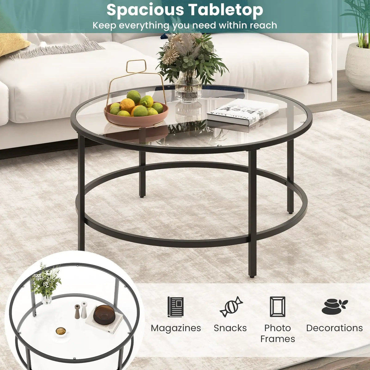 36 Inch Round Coffee Table with Tempered Glass Tabletop, photo 14 of 16