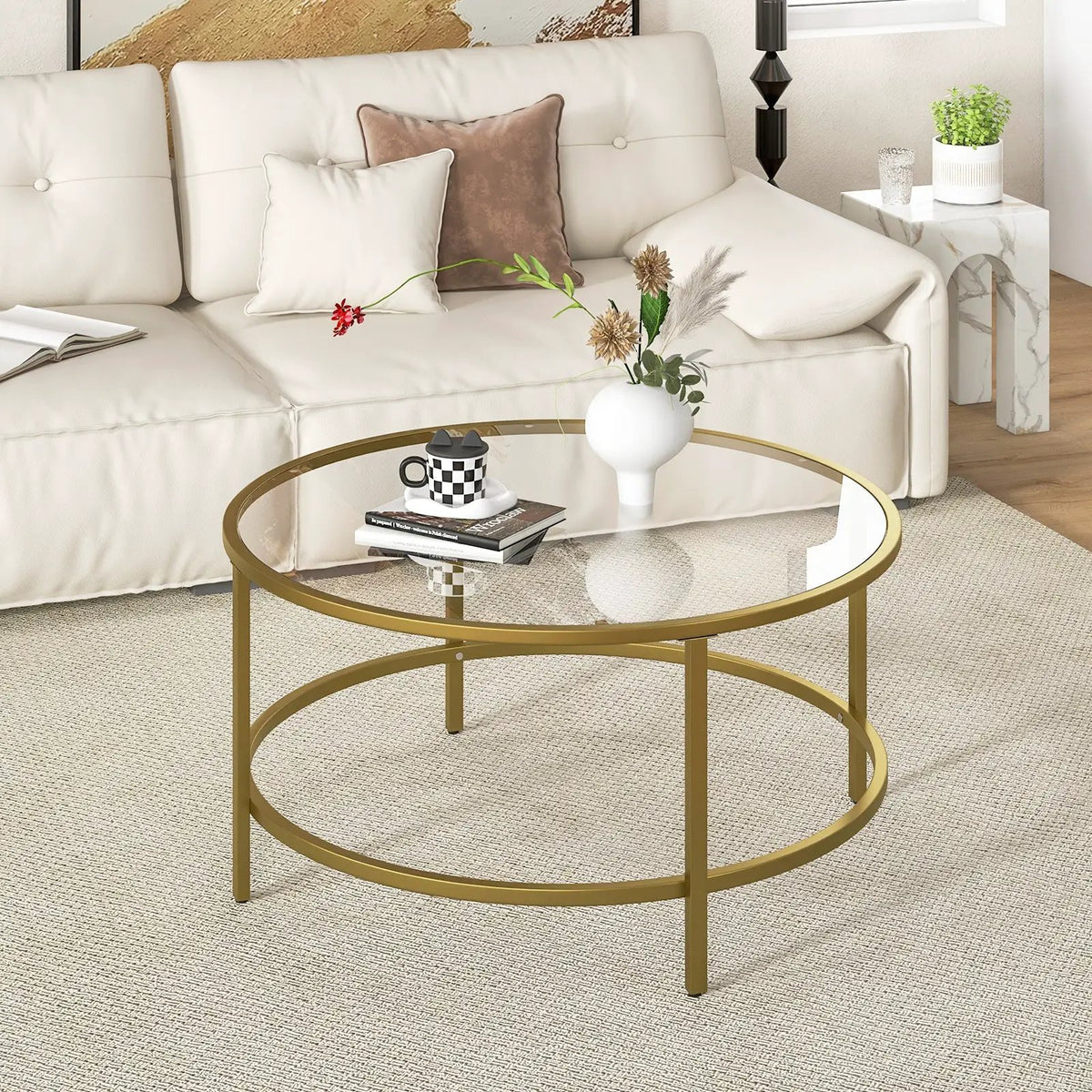 36 Inch Round Coffee Table with Tempered Glass Tabletop, photo 3 of 16