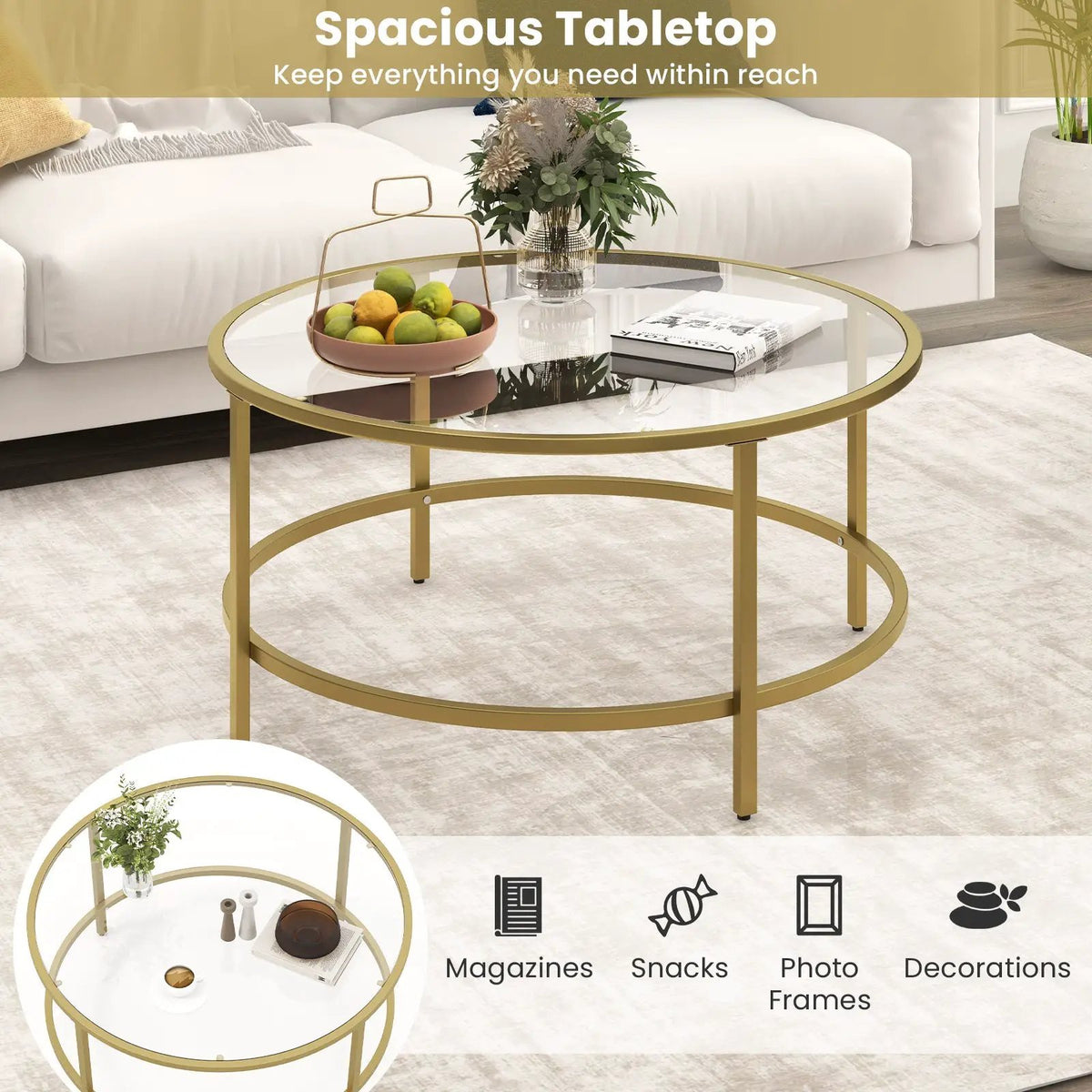 36 Inch Round Coffee Table with Tempered Glass Tabletop, photo 13 of 16