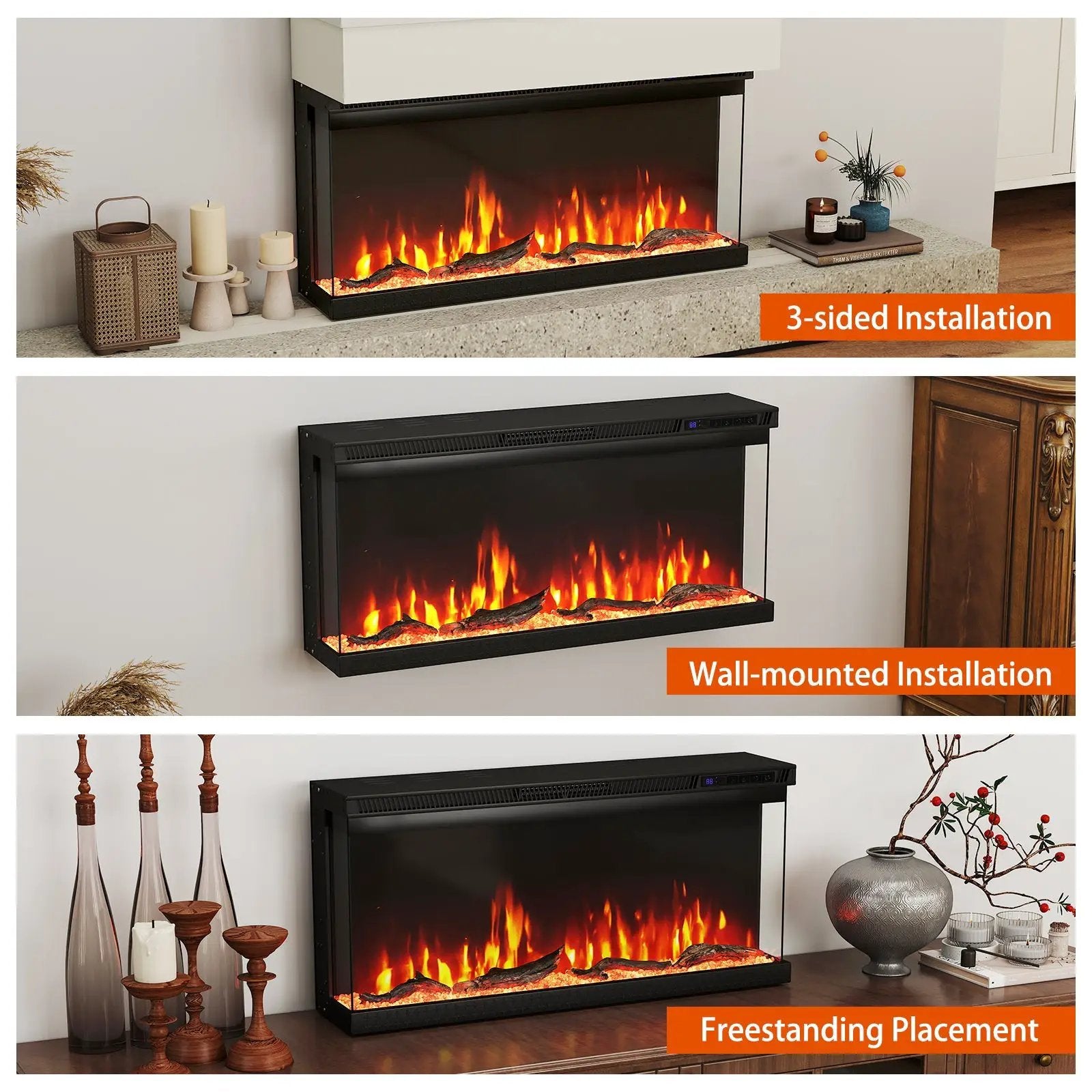 36/40/50/60 Inch Wide 3-Sided Electric Fireplace Insert with Remote Control and 12 Flame Colors by DirectDeals