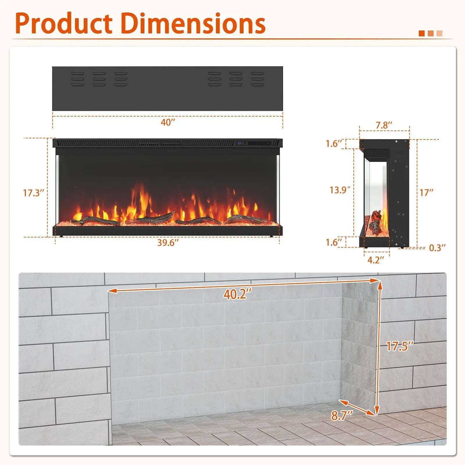 36/40/50/60 Inch Wide 3-Sided Electric Fireplace Insert with Remote Control and 12 Flame Colors by DirectDeals
