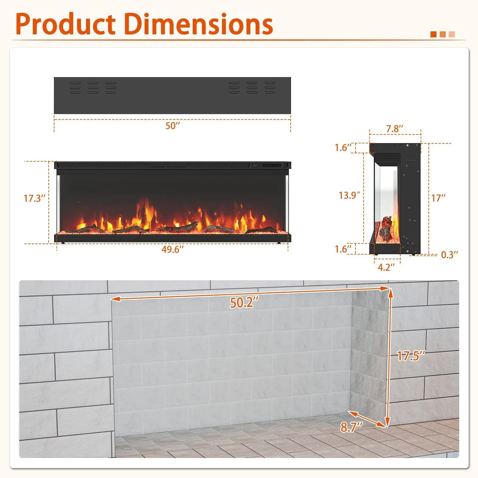 36/40/50/60 Inch Wide 3-Sided Electric Fireplace Insert with Remote Control and 12 Flame Colors by DirectDeals