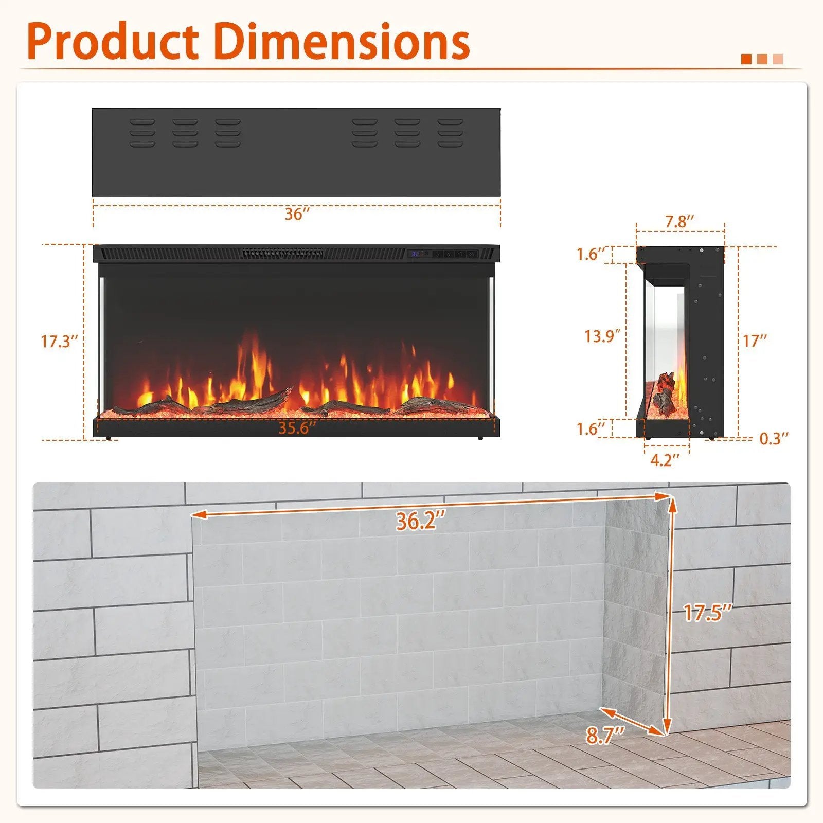 36/40/50/60 Inch Wide 3-Sided Electric Fireplace Insert with Remote Control and 12 Flame Colors by DirectDeals