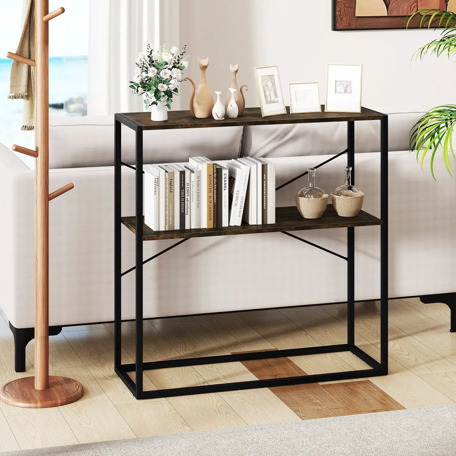 36" Console Table 2-Tier Entryway Table with Wooden Open Shelves and Metal Frame by DirectDeals