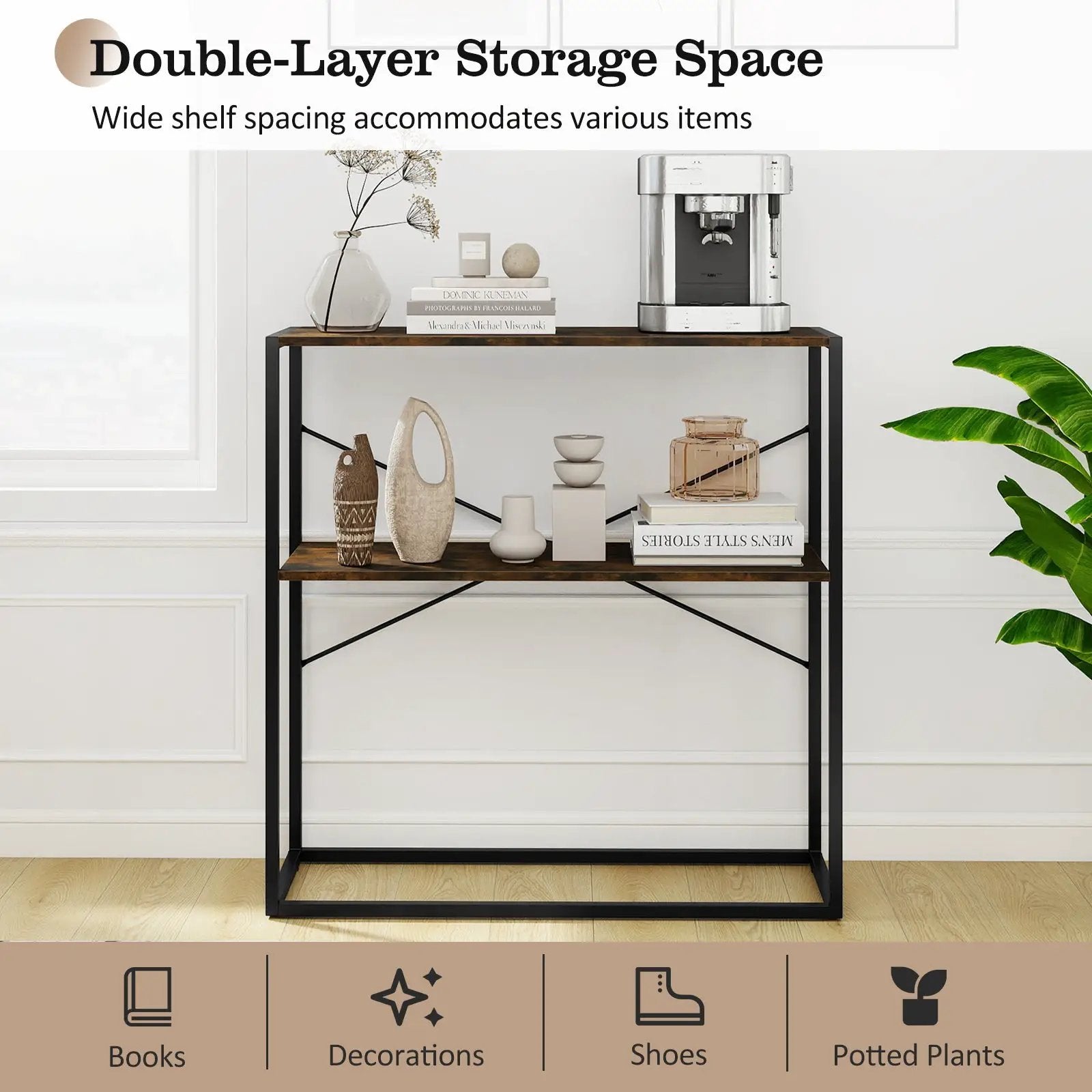 36" Console Table 2-Tier Entryway Table with Wooden Open Shelves and Metal Frame by DirectDeals