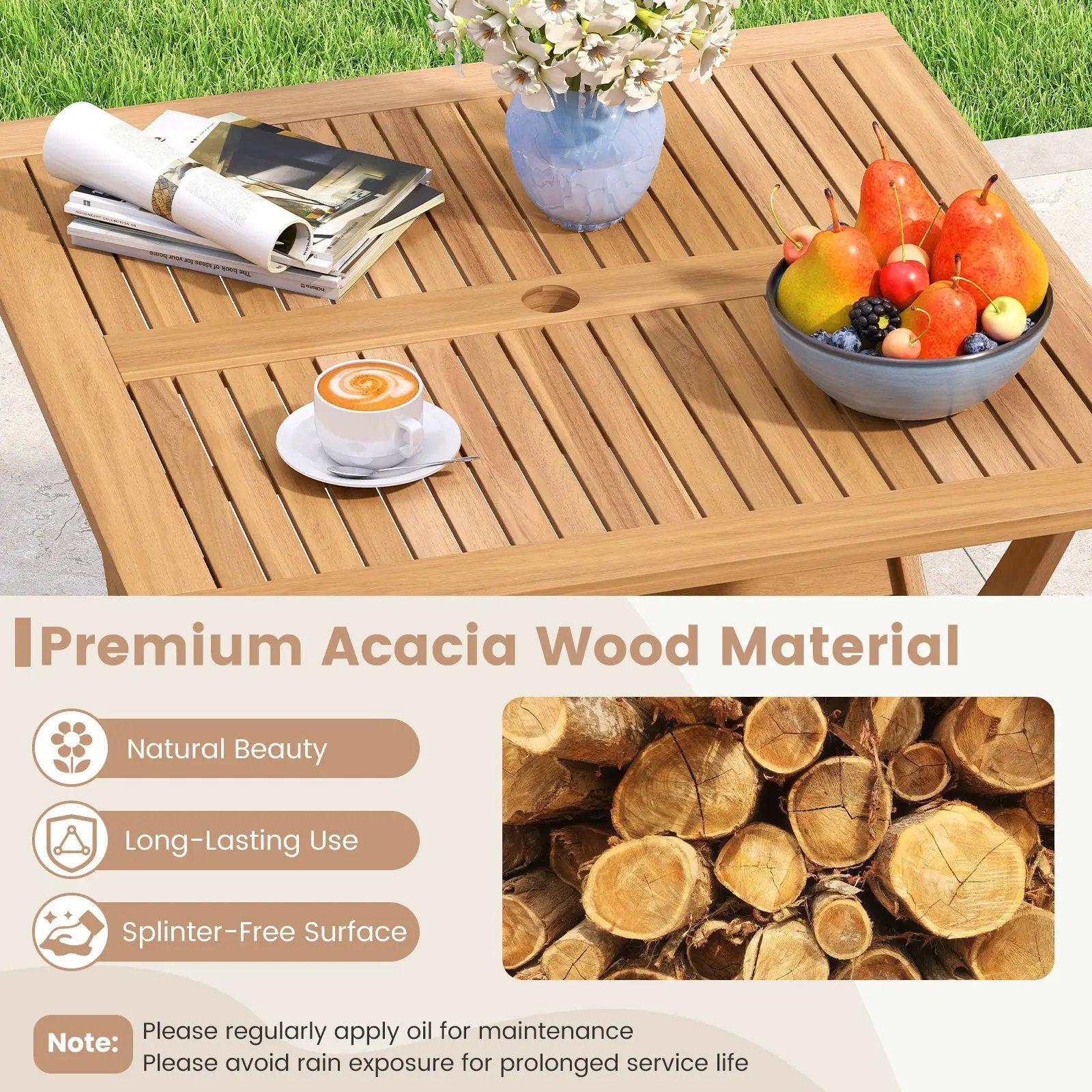36-Inch Acacia Wood Folding Patio Dining Table with Umbrella Hole for 4 People by DirectDeals