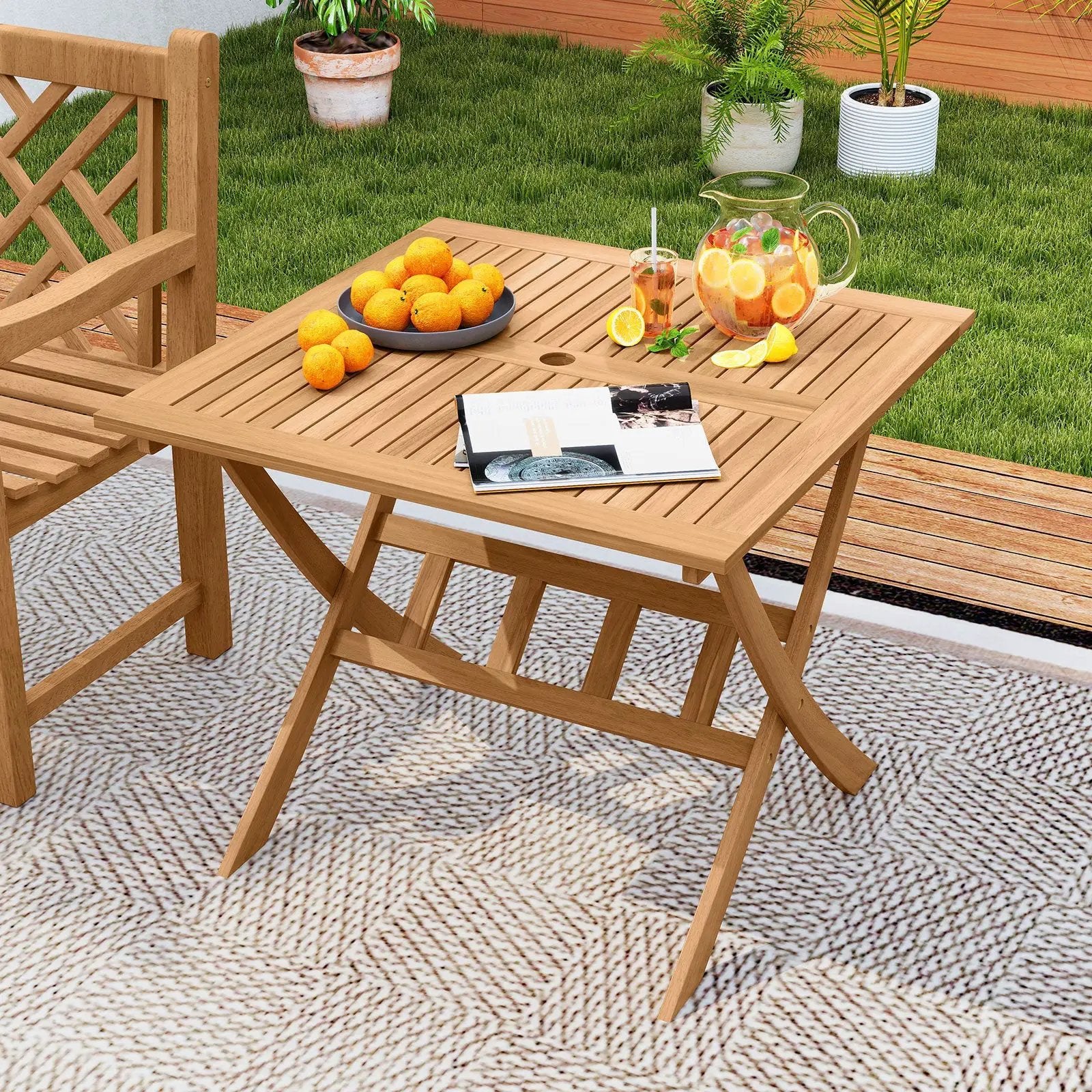 36-Inch Acacia Wood Folding Patio Dining Table with Umbrella Hole for 4 People by DirectDeals