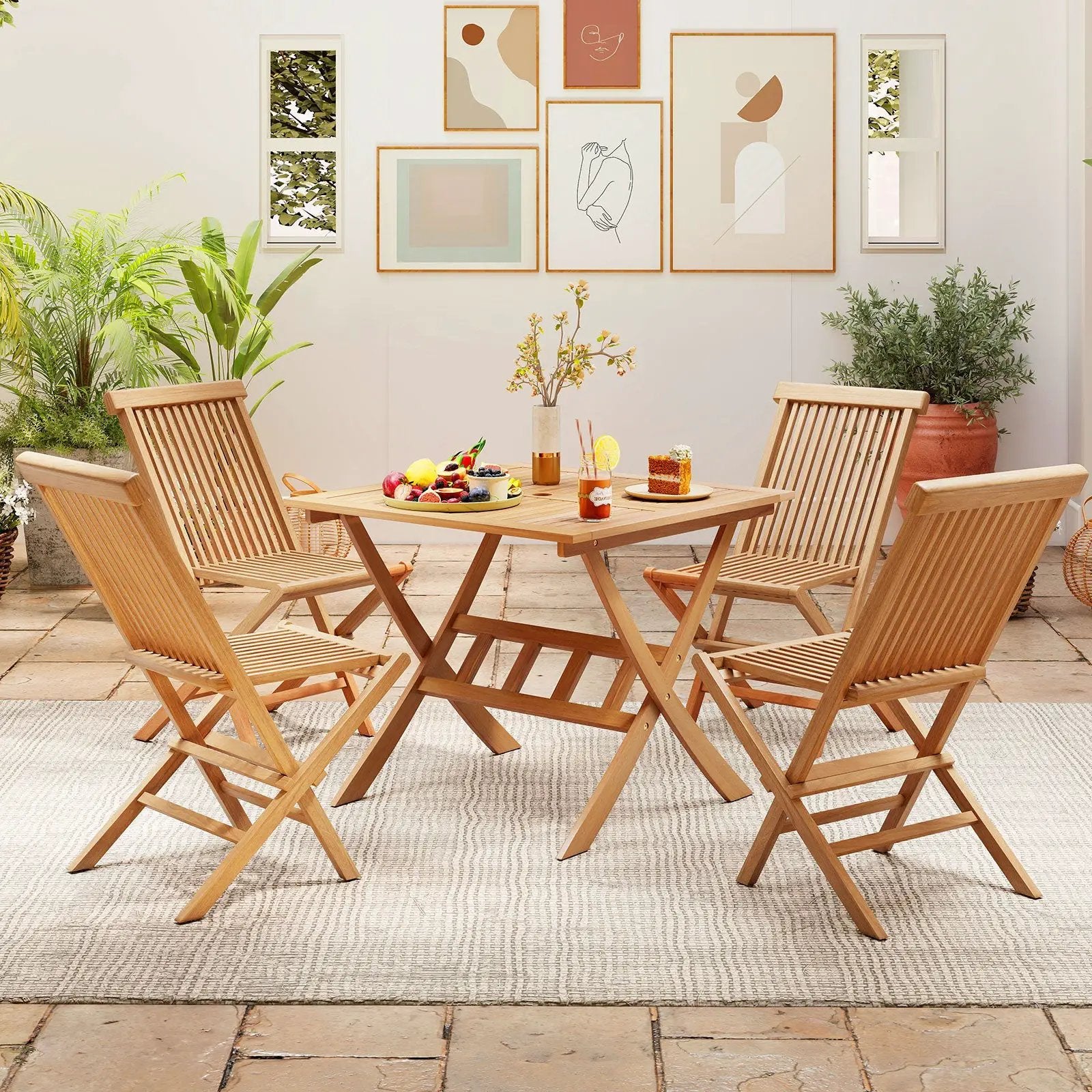 36-Inch Acacia Wood Folding Patio Dining Table with Umbrella Hole for 4 People by DirectDeals