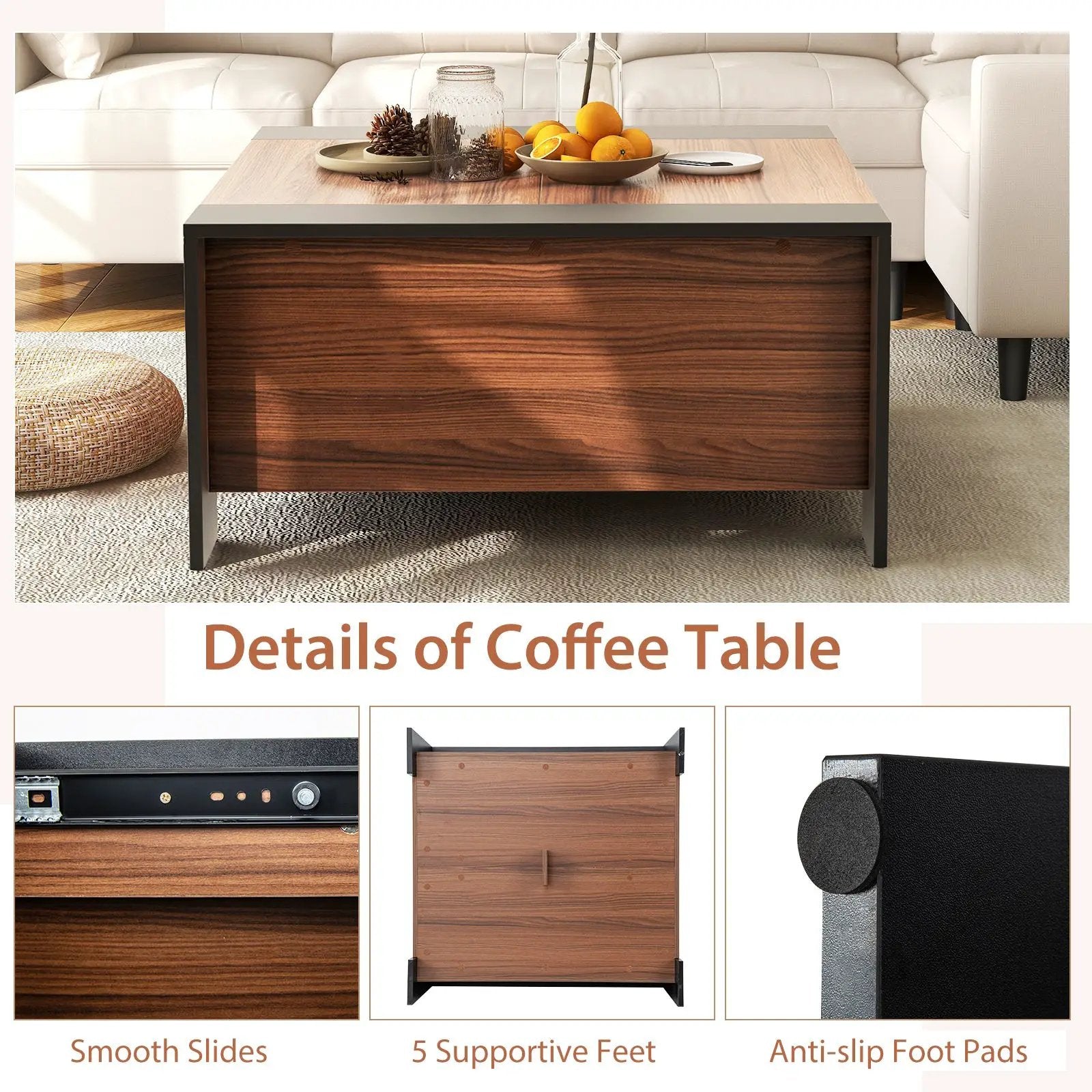 36.5 Inch Coffee Table with Sliding Top and Hidden Compartment by DirectDeals