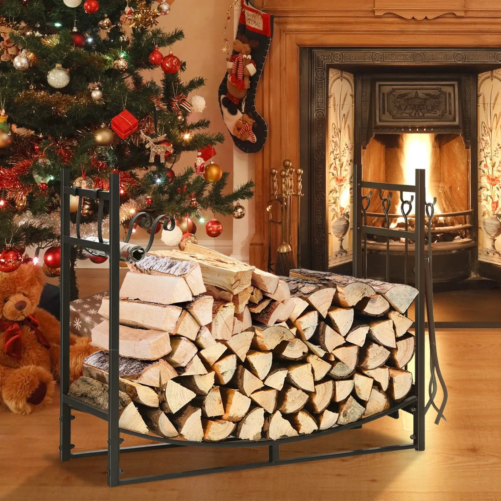 30 Inch Firewood Rack with 4 Tool Set Kindling Holders for Indoor and Outdoor by DirectDeals