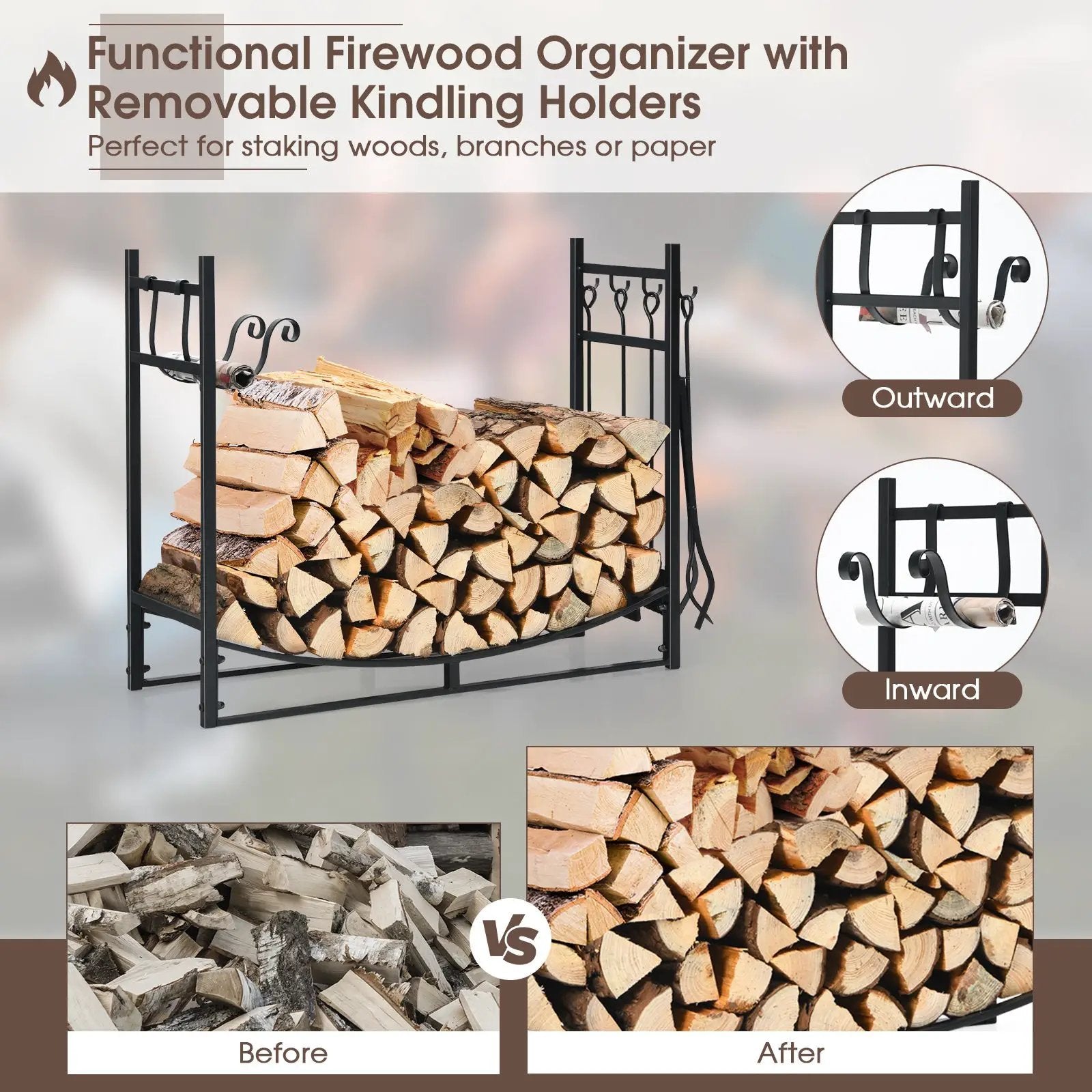 30 Inch Firewood Rack with 4 Tool Set Kindling Holders for Indoor and Outdoor by DirectDeals