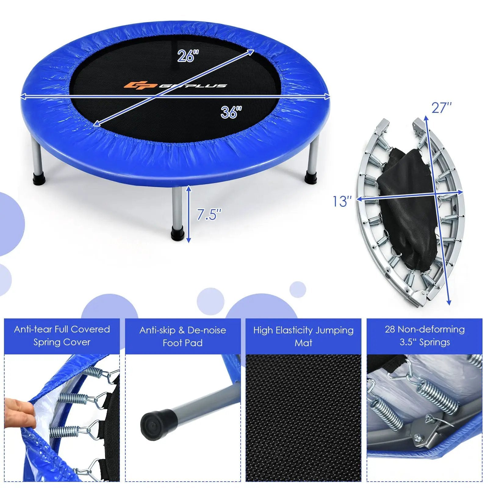 36 Inch Mini Folding Trampoline Portable Recreational Fitness Rebounder by DirectDeals