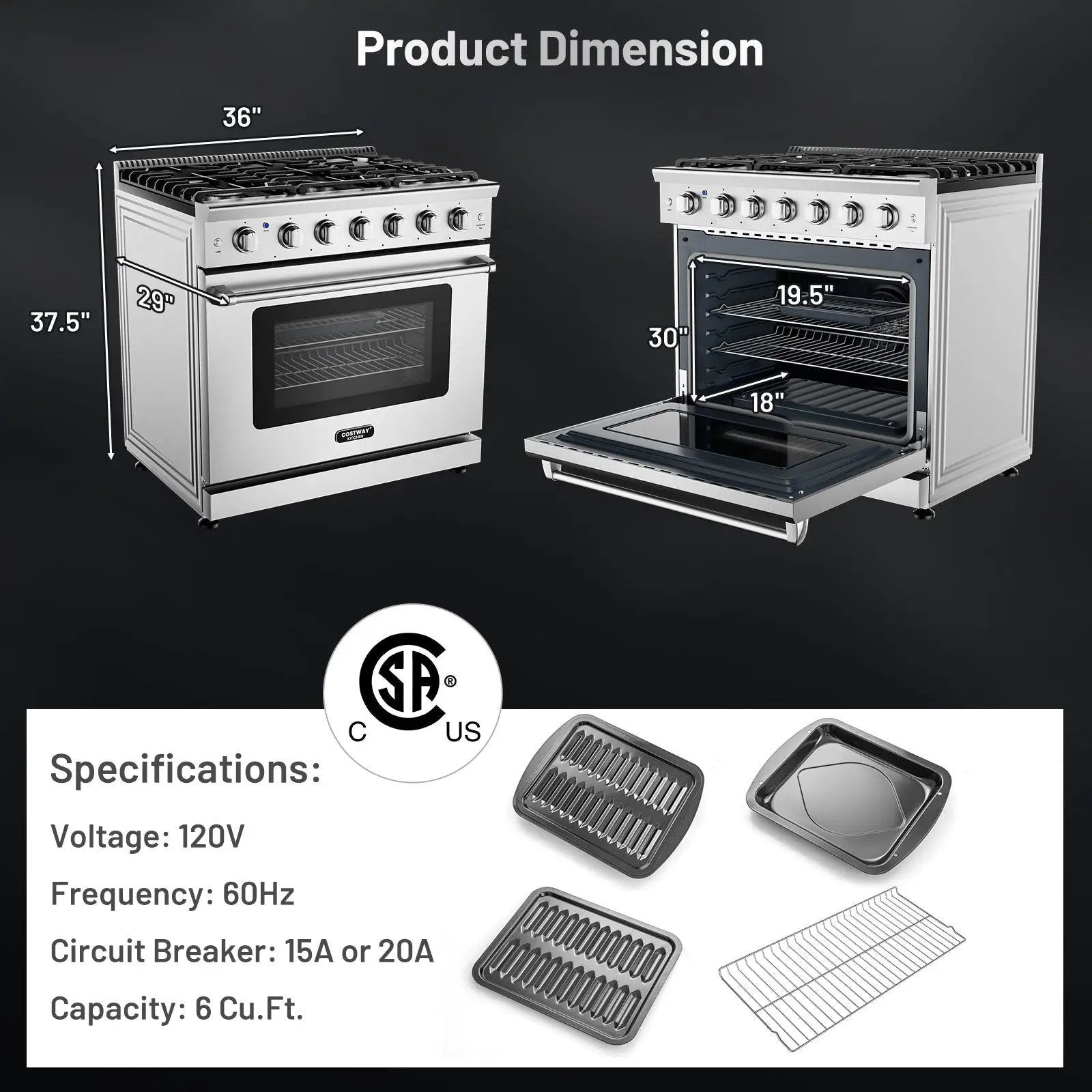 36 Inches Freestanding Natural Gas Range with 6 Burners Cooktop by DirectDeals