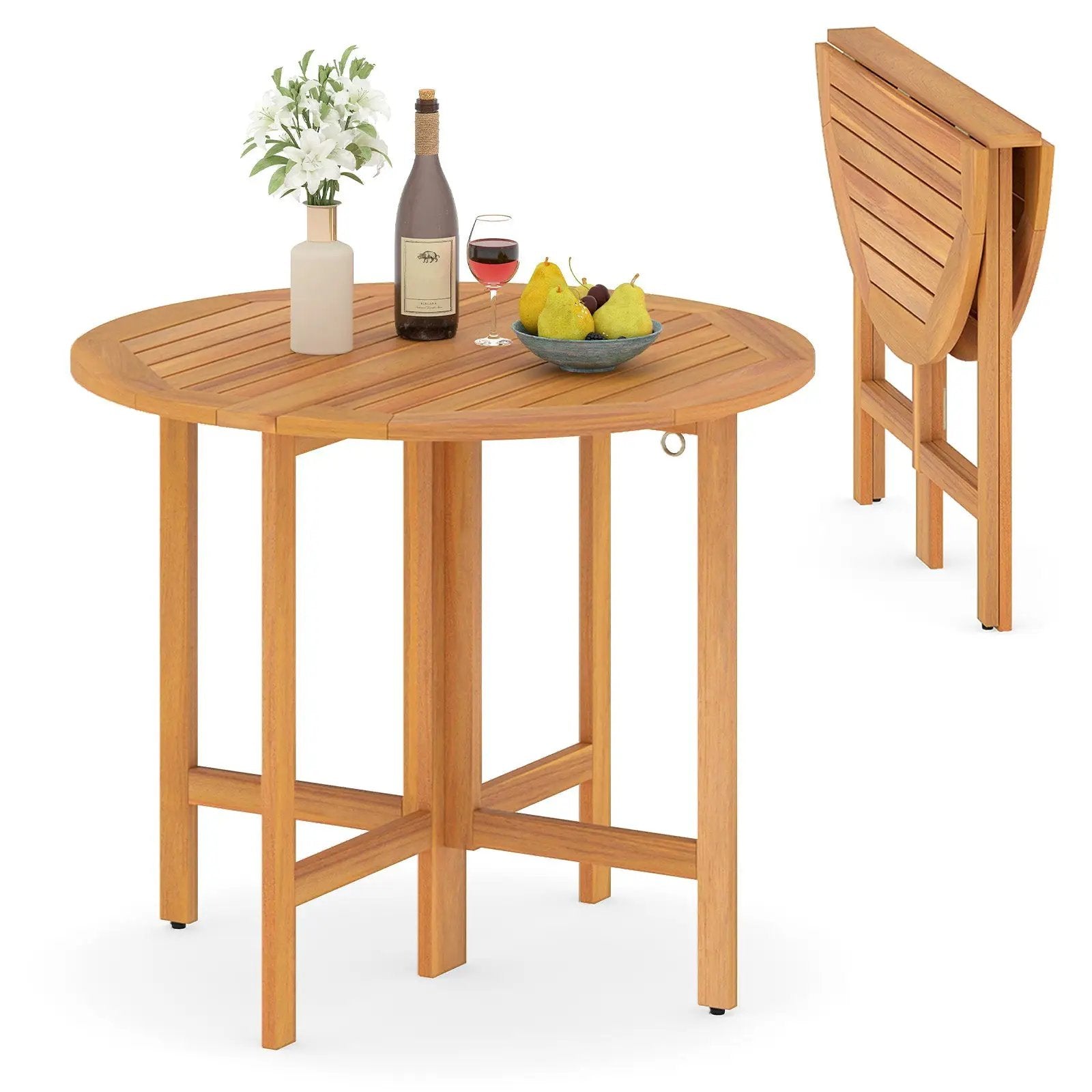 36 Inches Outdoor Folding Round Dining Table with Slatted Tabletop by DirectDeals