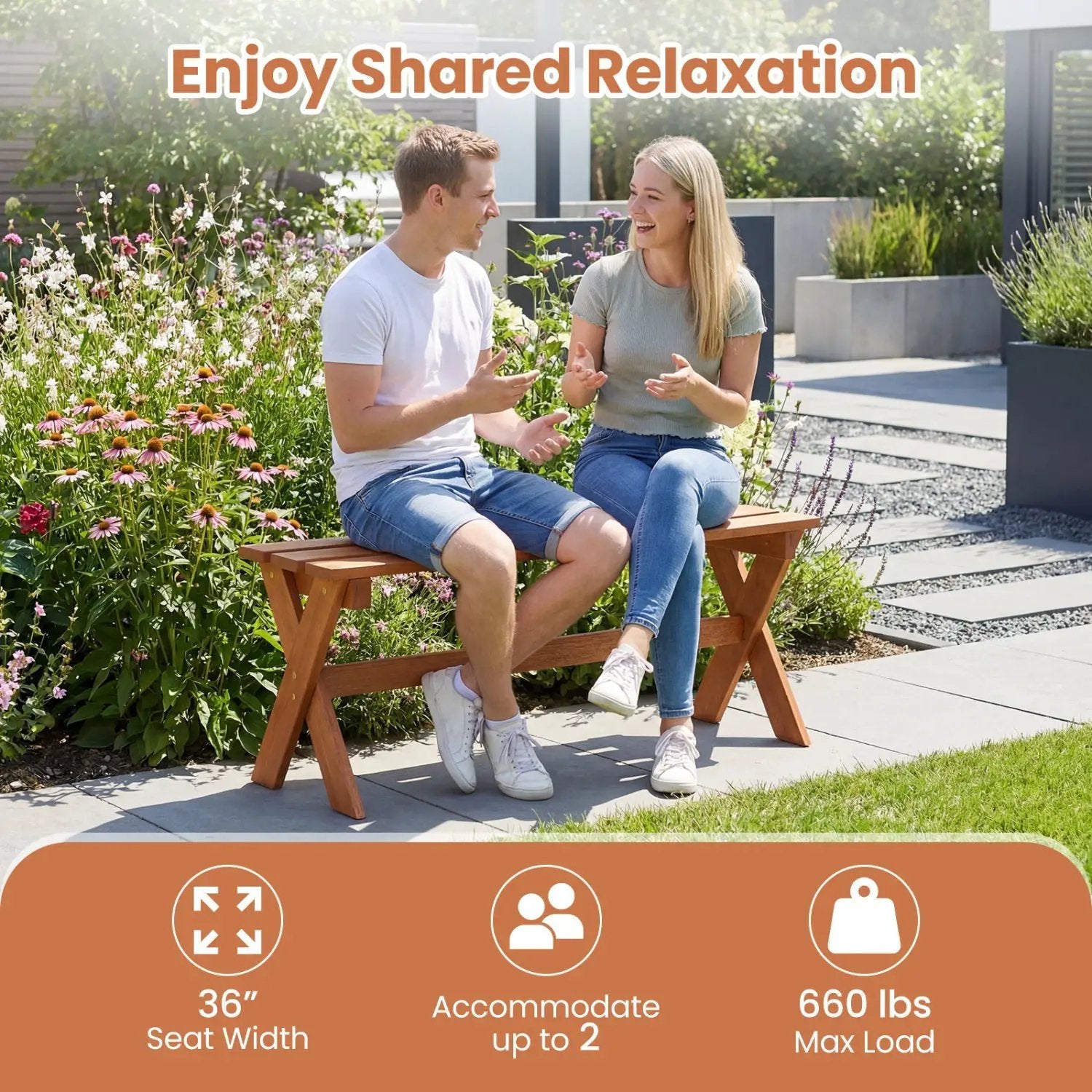 Outdoor Wood Bench Set of 2 - 36 Inch Backless Patio Seating by DirectDeals