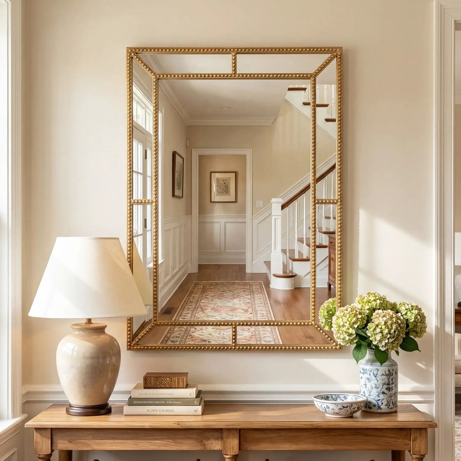 36 x 24 Inch Gold Wall Mirror with Beaded Frame for Living Room by DirectDeals