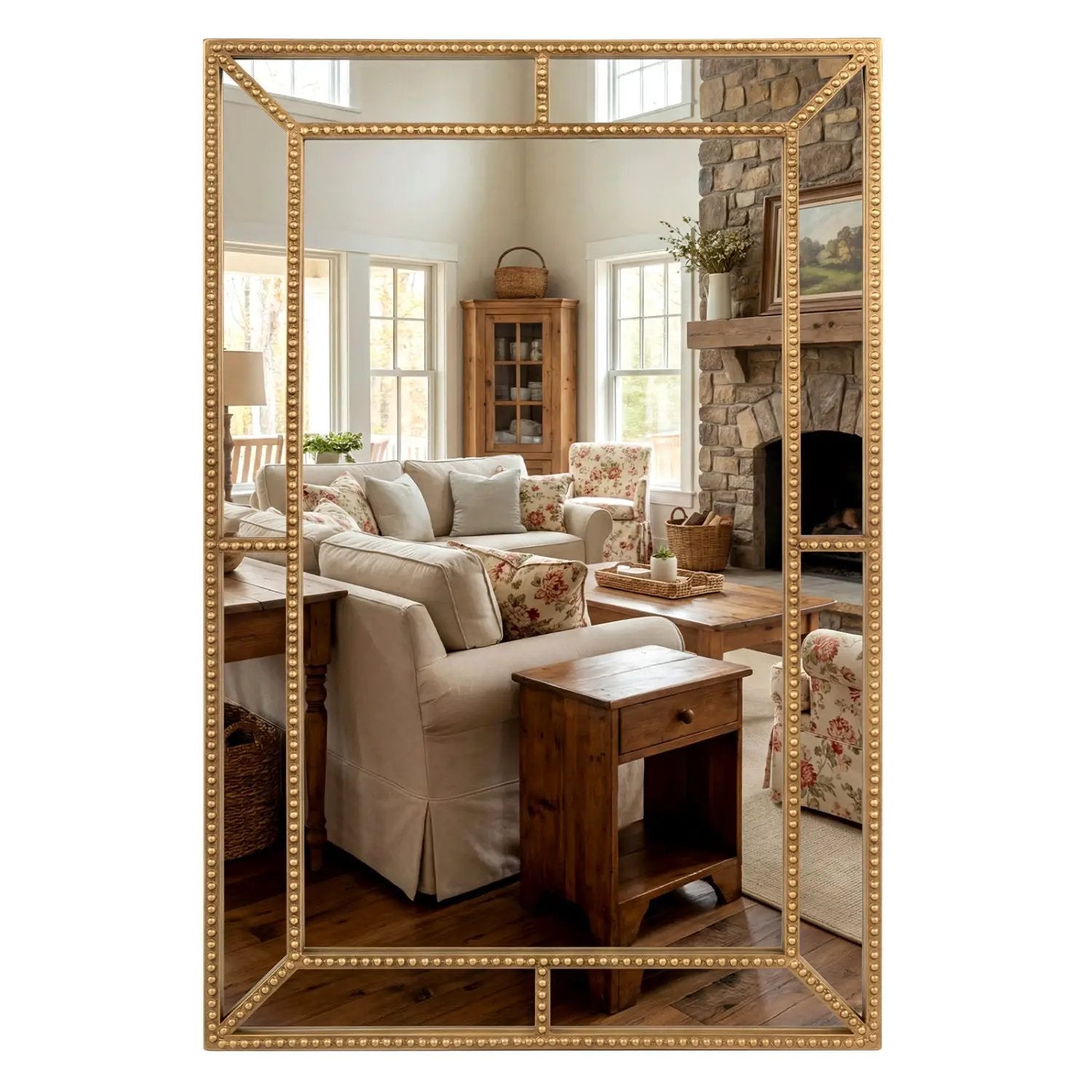 36 x 24 Inch Gold Wall Mirror with Beaded Frame for Living Room by DirectDeals