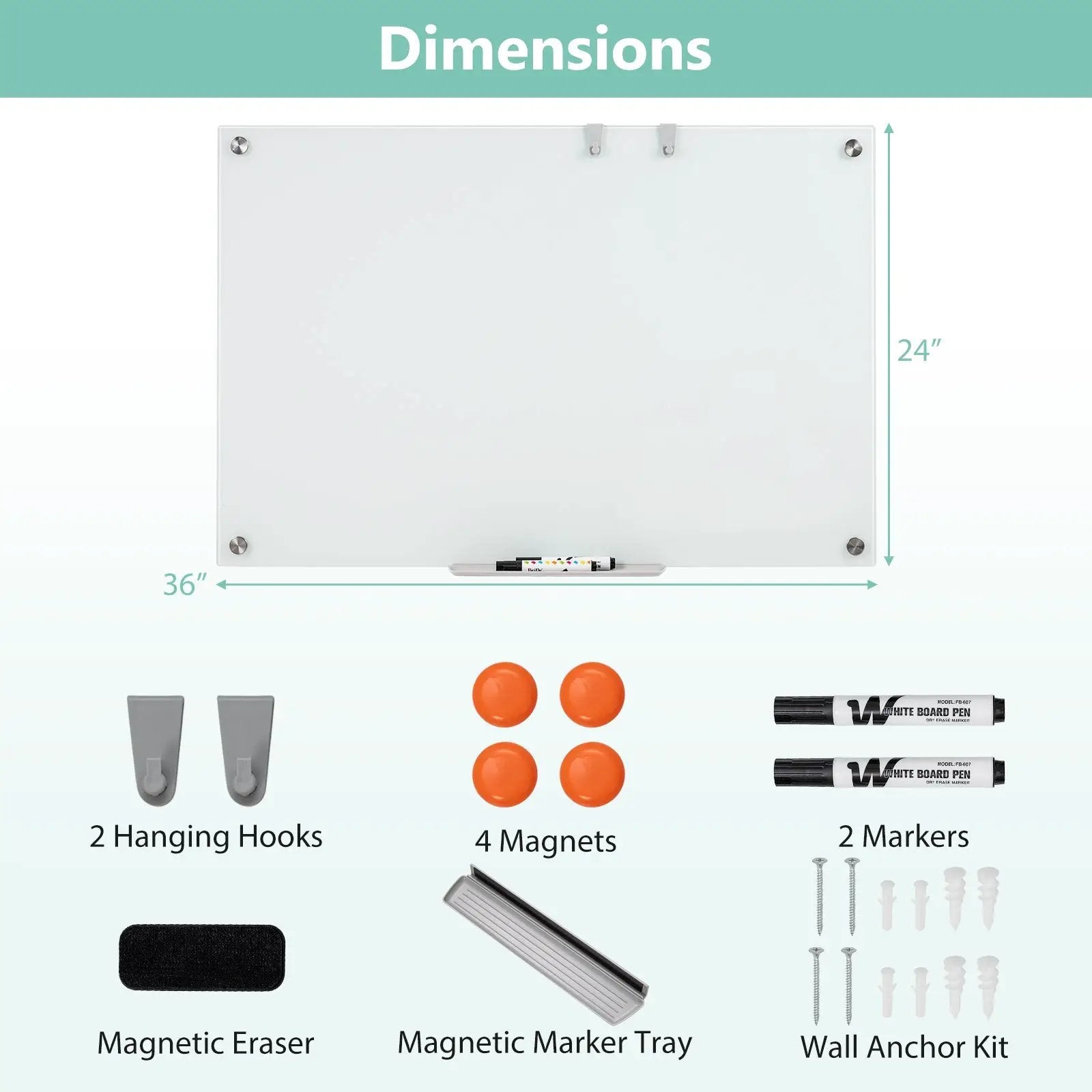 36 x 24 Inches Glass Whiteboard with Eraser and Removable Tray by DirectDeals