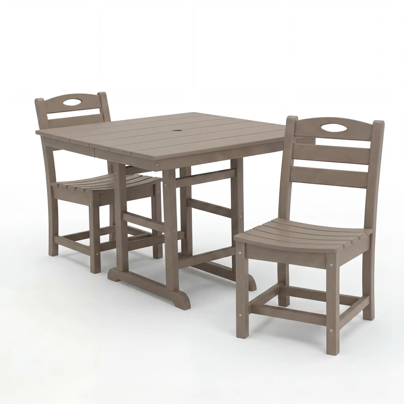 Antique Wood HDPE Outdoor Patio Dining Set, 37.8 in. Square Table with 2 Chairs by HouseOfZazla
