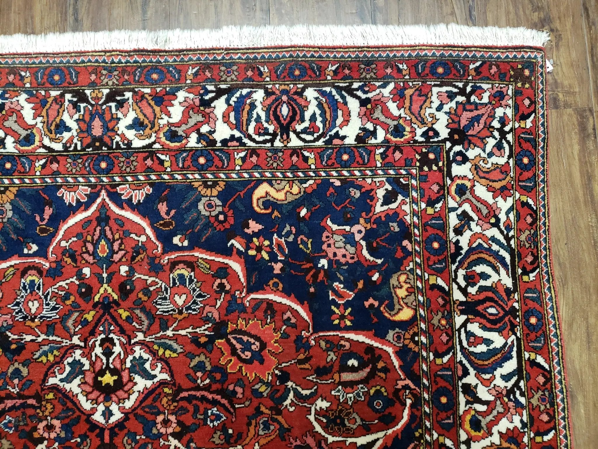 Semi Antique Persian Bakhtiari Rug, Hand-Knotted, Wool, Red, Midnight Blue, Ivory, Floral Medallion, 5'1" x 8' 6" by Jewel Rugs