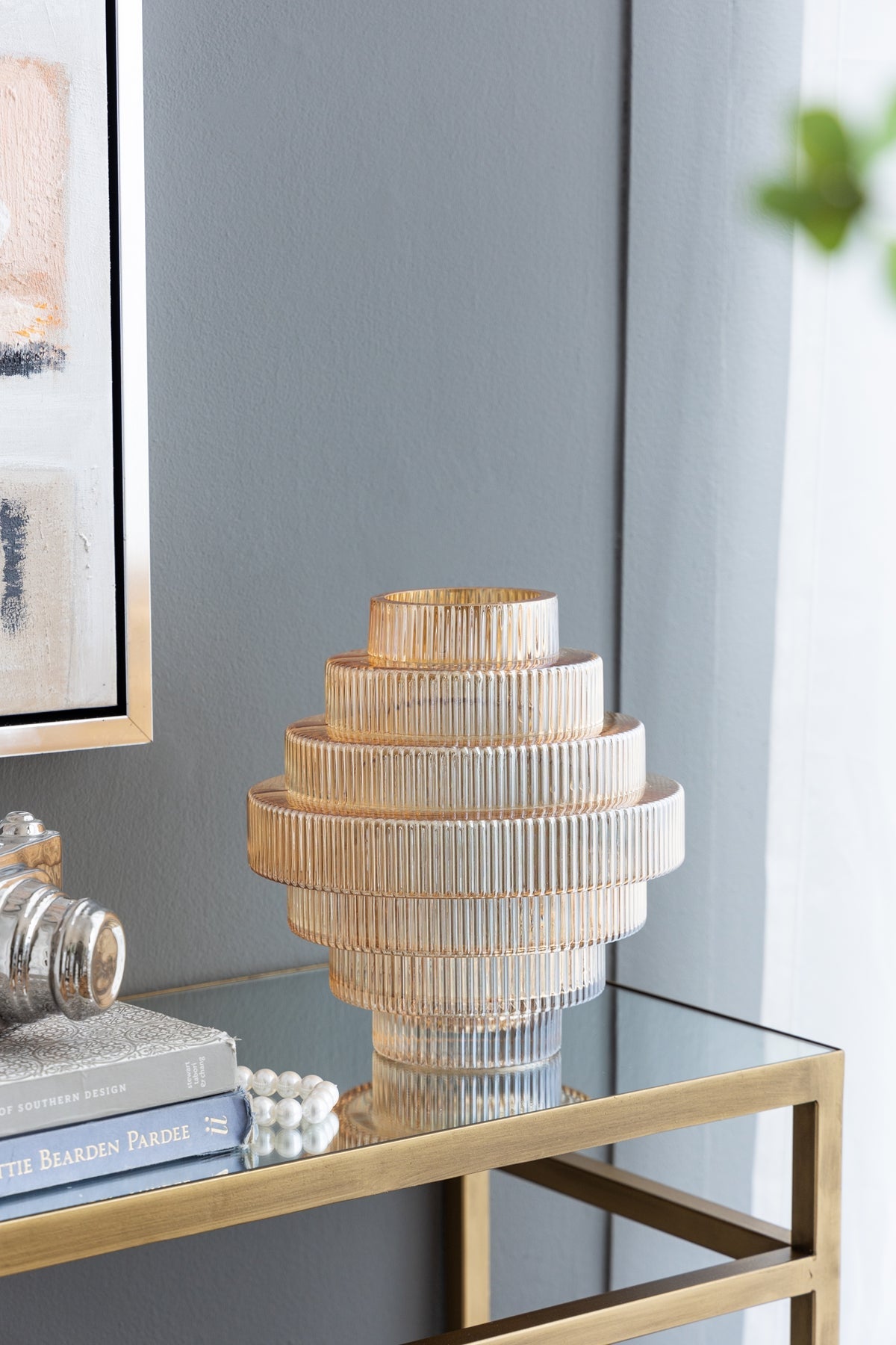 9.1x9.8" Tiered Geometric Amber Luster Clear Vase by HouseOfZazla