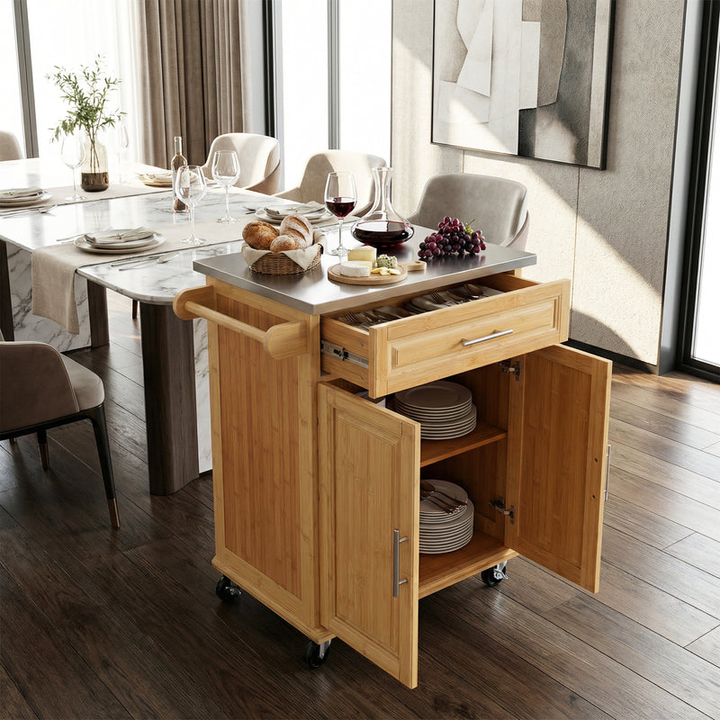 Indoor Compact Bamboo Rolling Kitchen Cart with Stainless Steel Top by HouseOfZazla
