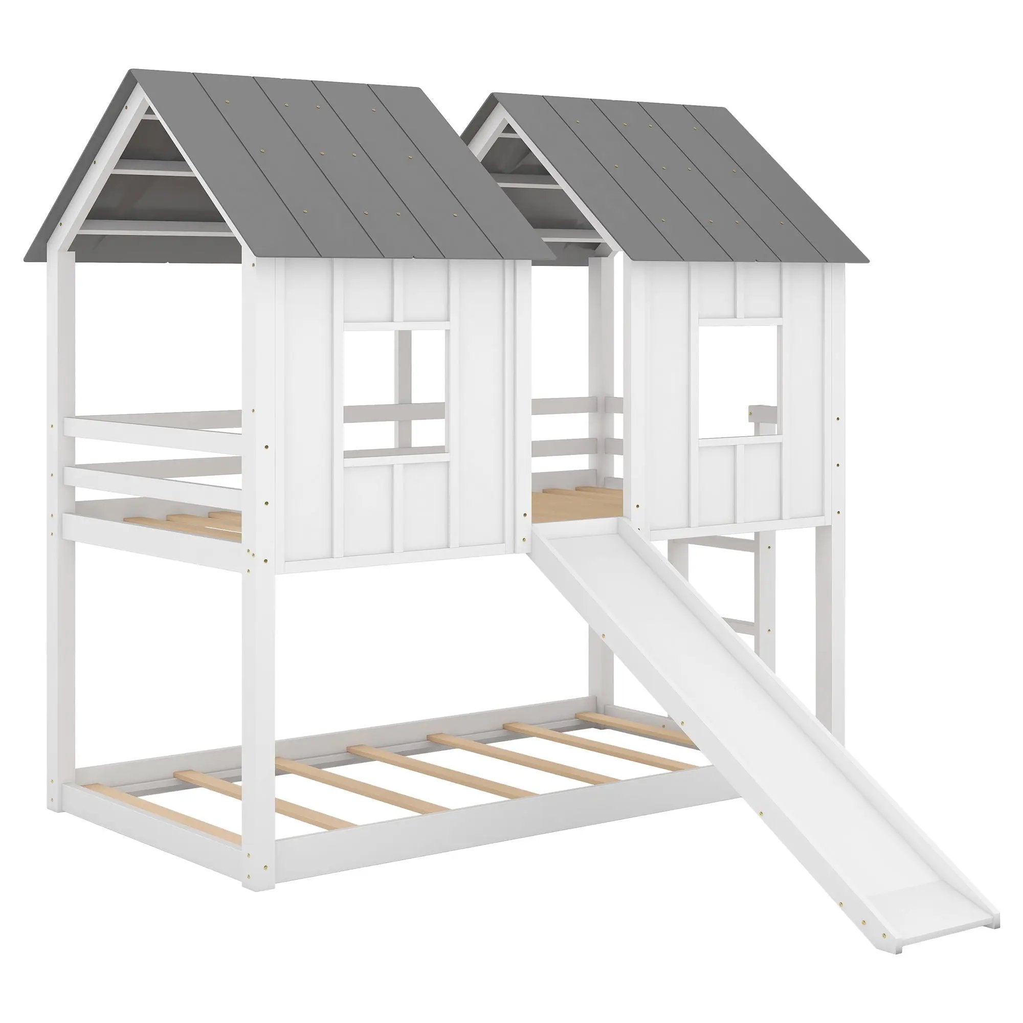 Twin Over Twin House Bunk Bed With Slide And Windows - White / Gray by Unique Piece Furniture