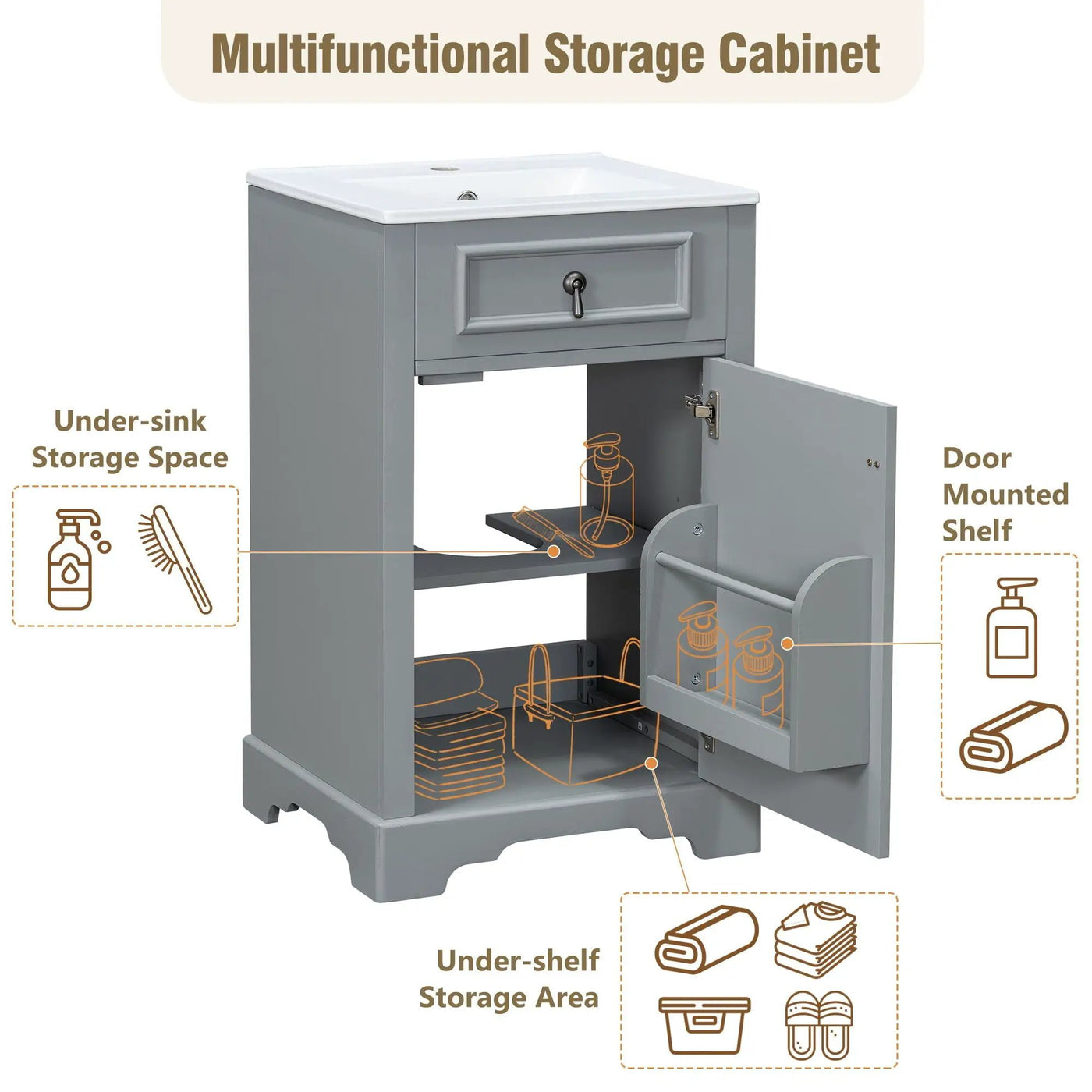Elegant Bathroom Vanity With Ceramic Sink, Soft Close Door, Adjustable Shelf by Unique Piece Furniture