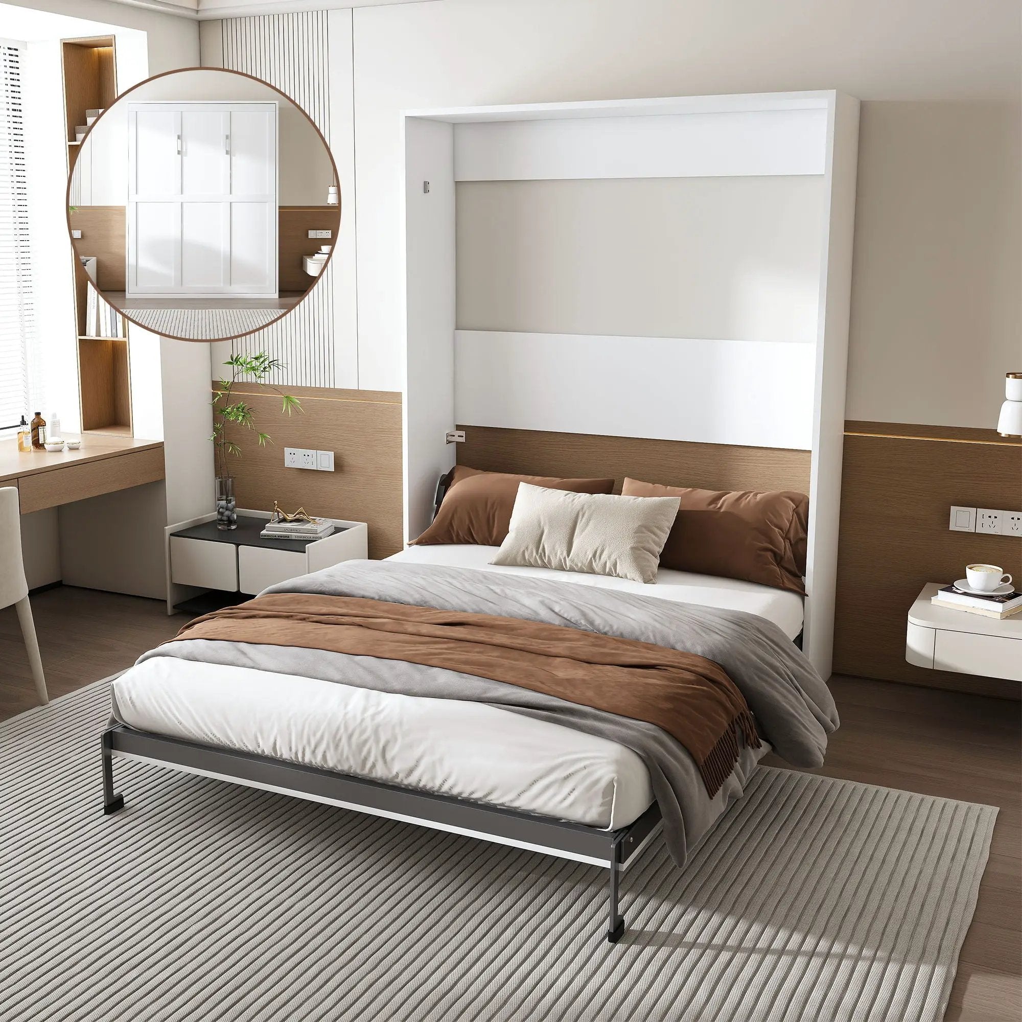 Queen Murphy Bed, Foldable Wall Bed, Space Saving Design For Bedrooms - White by Unique Piece Furniture