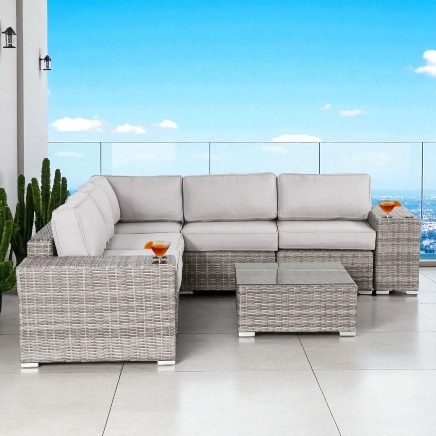 Modern Patio Rattan Sectional Set With Cushions by HouseOfZazla
