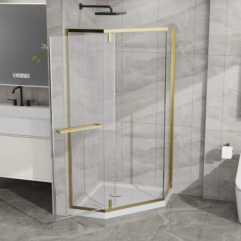 Goodyo - Neo-Angle Frameless Shower Door Corner Enclosure With Acrylic Shower Base Combo, Pivot Shower Door by HouseOfZazla