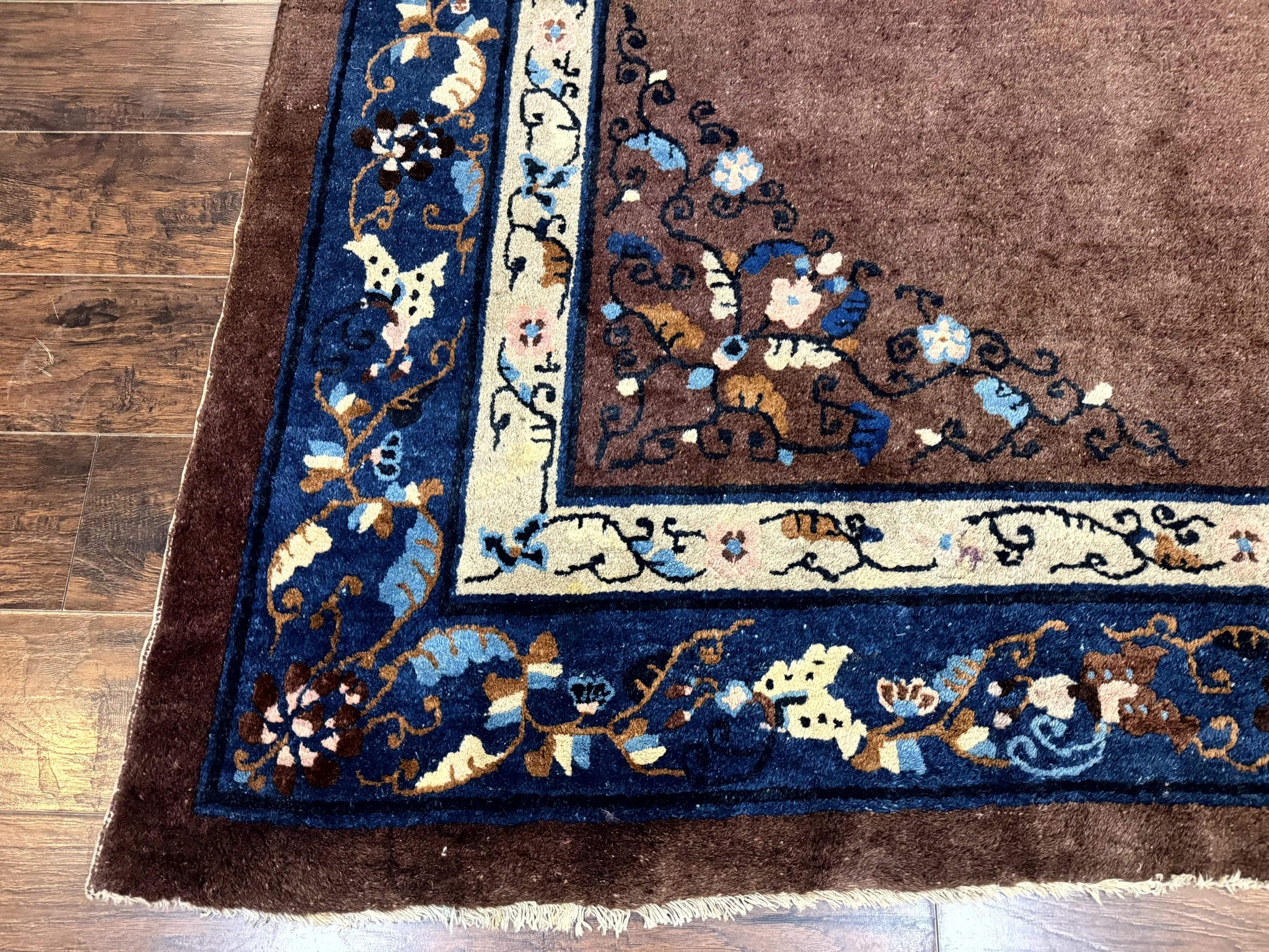 Antique Chinese Wool Rug 9x11, Large Chinese Art Deco Rug, Peking Rug, Brown and Blue, Open Field, Fete Rug by Jewel Rugs