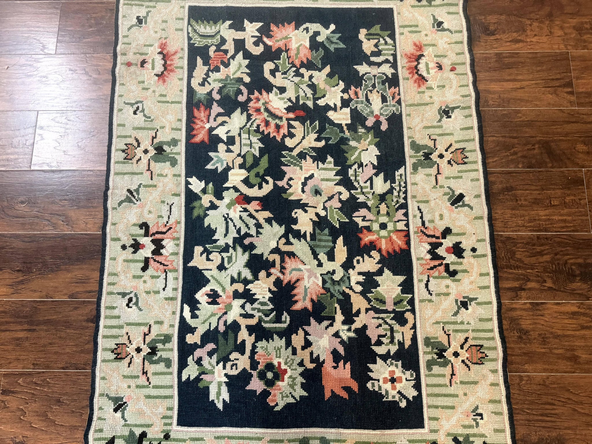 Vintage American Needlepoint Rug 4x6, Dark Green, Wool, Handmade, Flatweave Carpet by Jewel Rugs