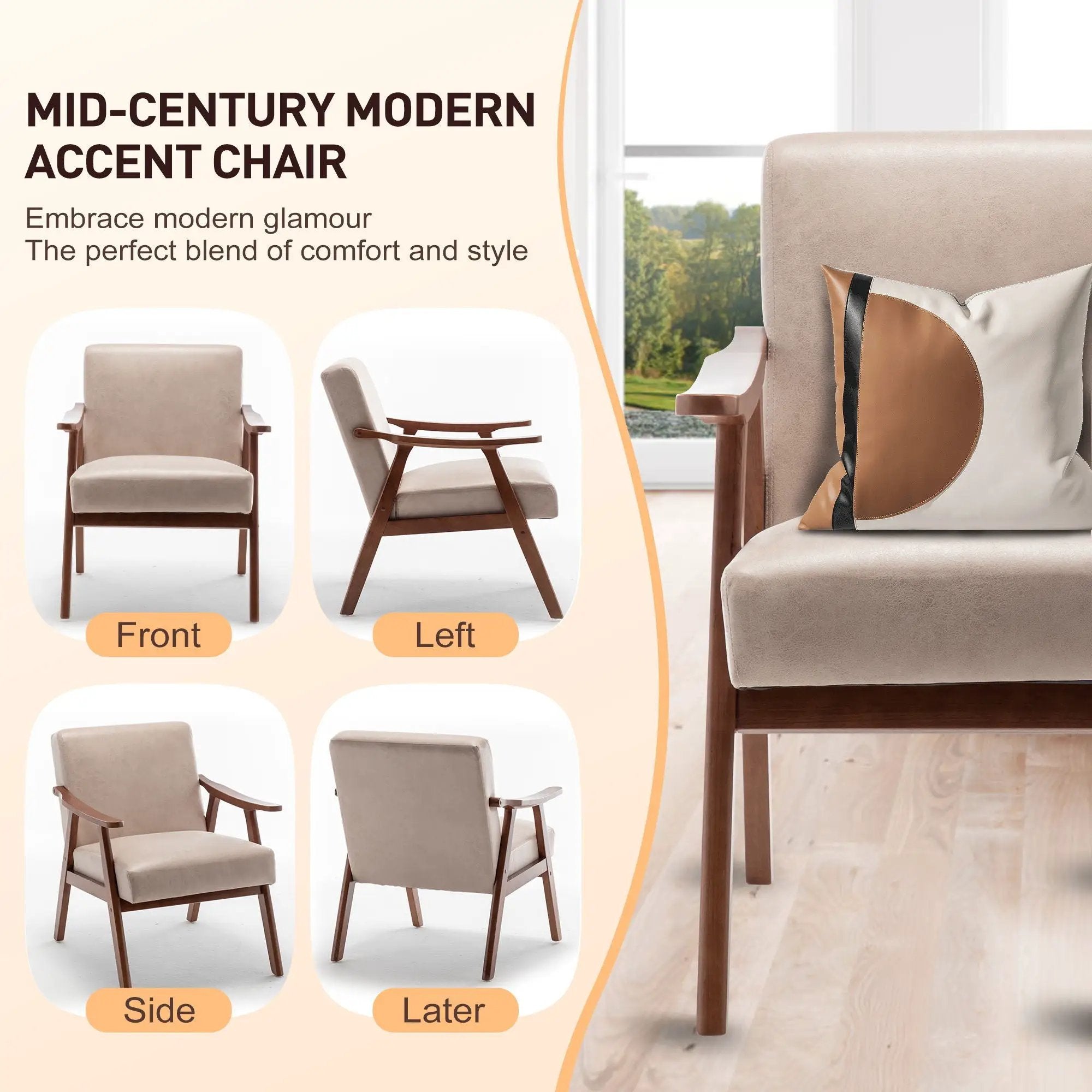 Mid Century Modern Accent Chair With Solid Wood Frame And Extra Thick Backrest by HouseOfZazla