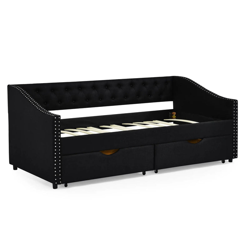 Upholstered Tufted Daybed With 2 Drawers, Waved Arms