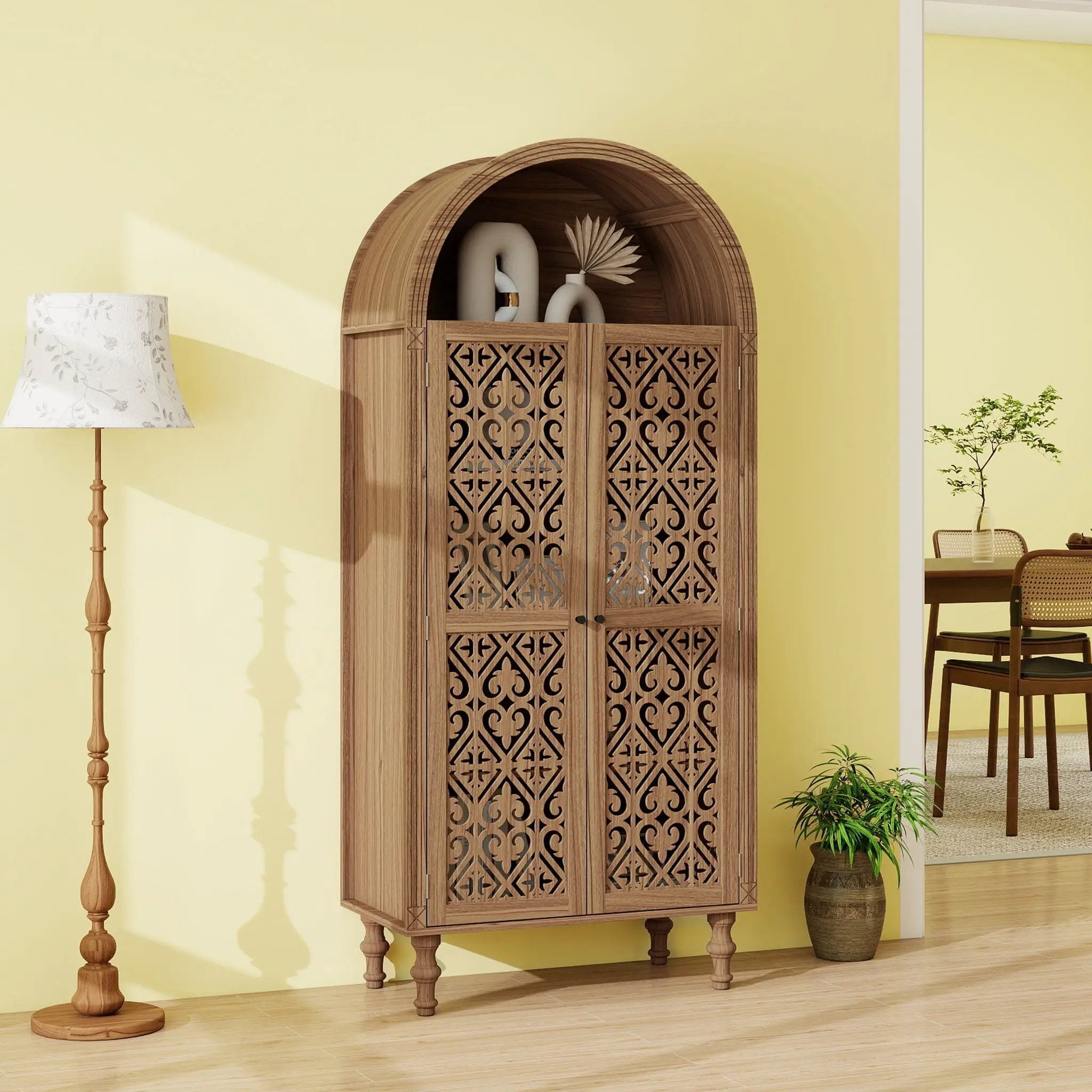 Tall Kitchen Pantry Cabinet With Hollow Carved Doors Adjustable Shelves Versatile Storage Cabinet For Kitchen - Walnut by Unique Piece Furniture