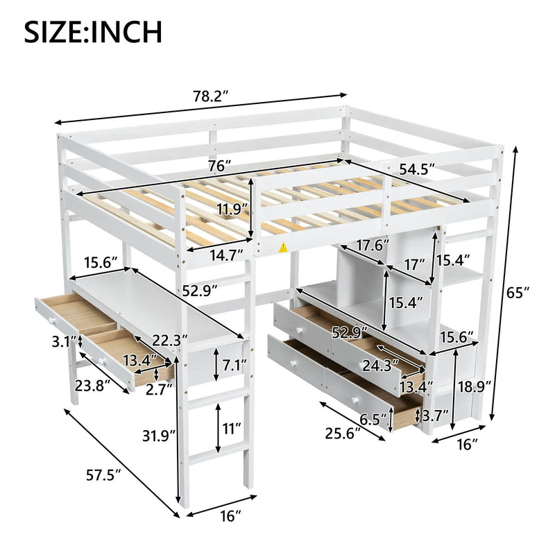 Full Size Loft Bed With Built In Desk, 2 Drawers, Storage Shelves - White