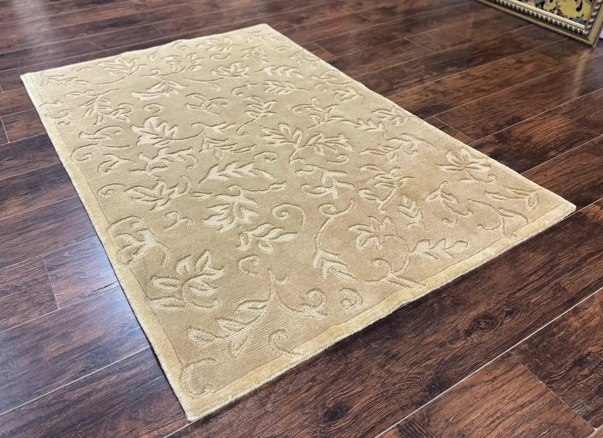 Modern Tibetan Rug 3.7 x 5.5, Carved Floral Design, Wool and Silk Highlights by Jewel Rugs