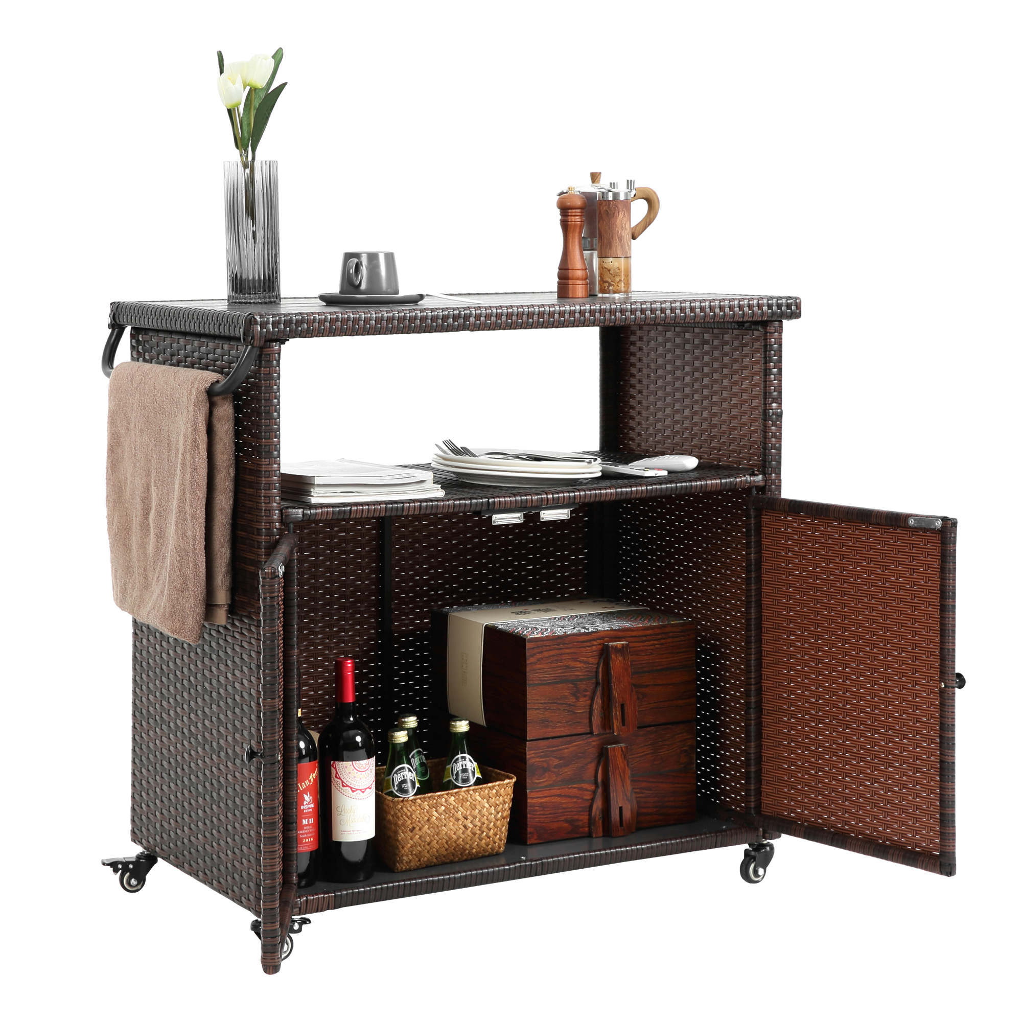 Outdoor Wicker Bar Cart with Glass Top and Wheels - Light Brown by HouseOfZazla