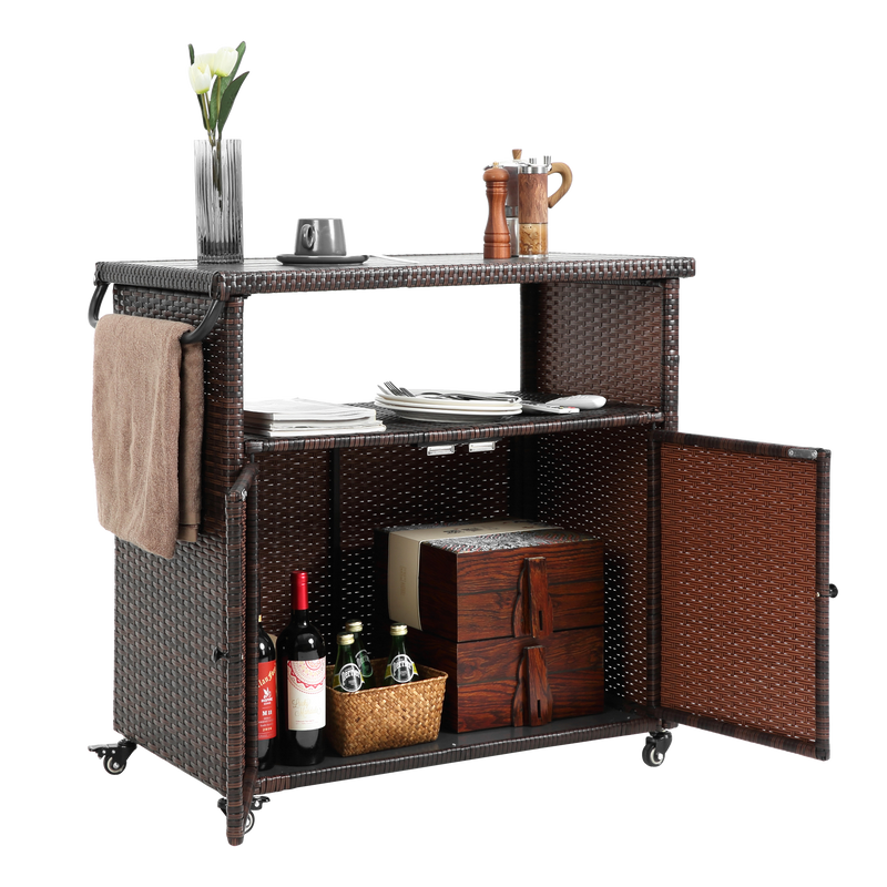 Outdoor Wicker Bar Cart with Glass Top and Wheels - Light Brown by HouseOfZazla