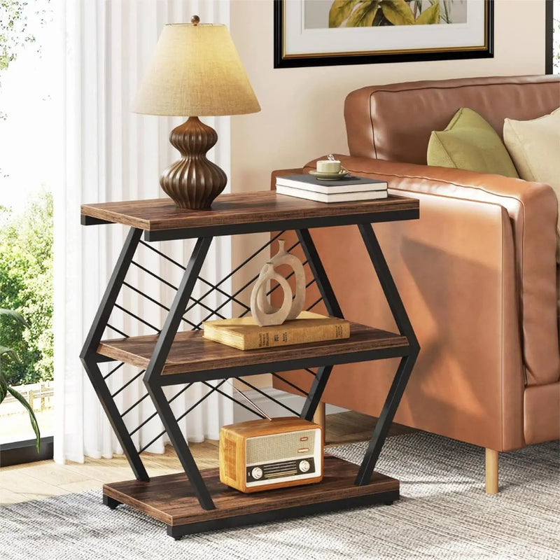 3 Tier End Table Frame With Geometric Design For Living Bedroom - Rustic Brown by HouseOfZazla