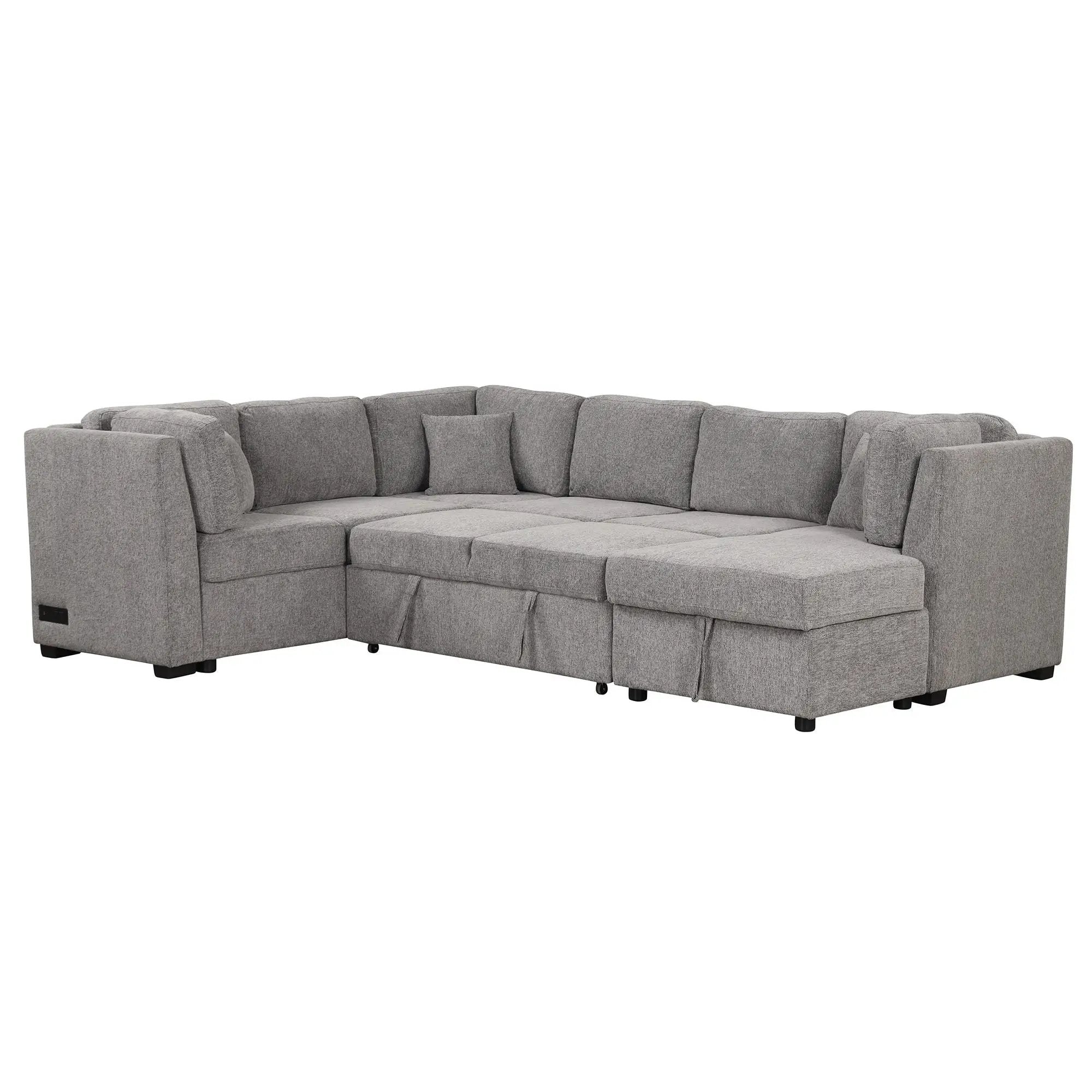 U-Shaped Sectional Sofa Pull Out Sofa Bed With Two USB Ports, Two Power Sockets, Three Back Pillows And A Storage Chaise For Living Room by HouseOfZazla