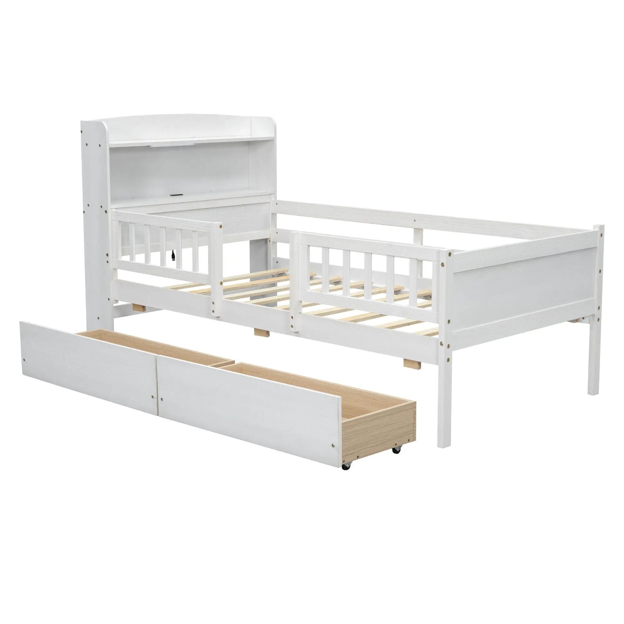 Platform Bed With LED Light, Multi Functional Headboard, Guardrail And 2 Drawers by HouseOfZazla