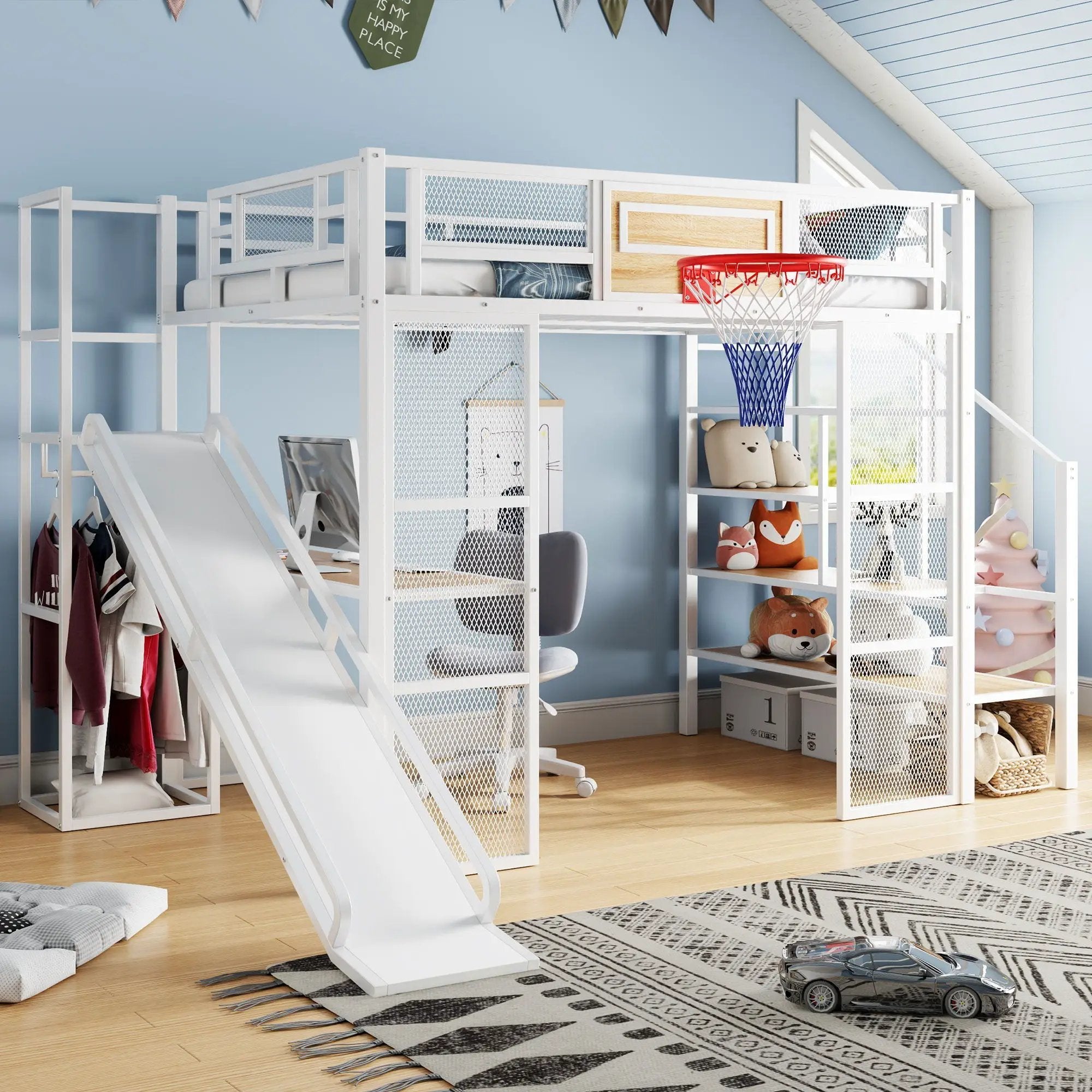 Loft Bed With Built In Desk, Open Wardrobe, Basketball Hoop, Slide And Staircase by Unique Piece Furniture