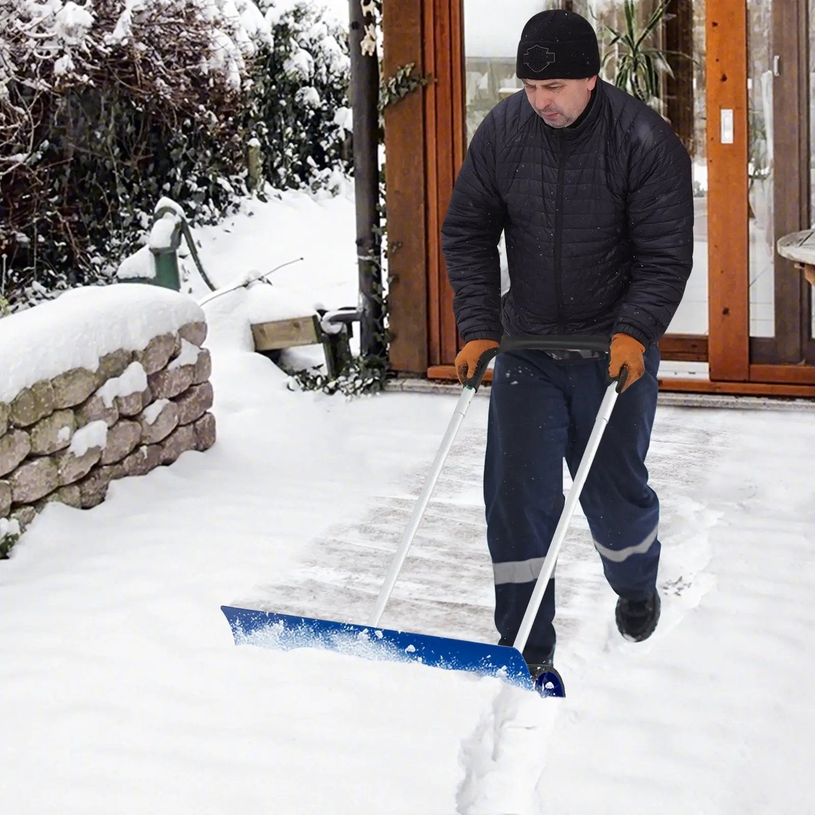 37.5 Inches Aluminum Snow Shovel with Wheels and Bi-Directional Angled Blade-Blue by DirectDeals