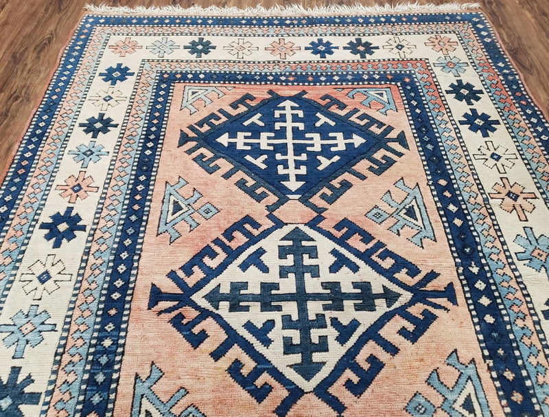 Turkish Kazak Rug 5x8 ft, Bold Geometric Bohemian Carpet, Blue and Ivory Hand Knotted Area Rug, Medium Sized High Quality Wool Oriental Rug by Jewel Rugs